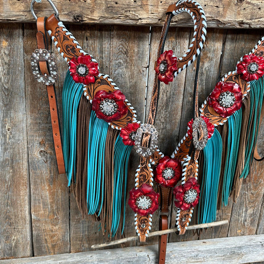 Light Oil Whipstitch Red and Turquoise One Ear/ Breastcollar #OEBC549 - RODEO DRIVE