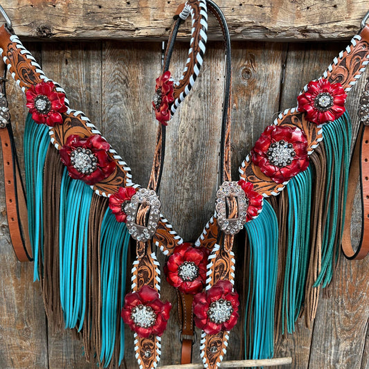 Light Oil Whipstitch Red and Turquoise One Ear/ Breastcollar #OEBC549 - RODEO DRIVE