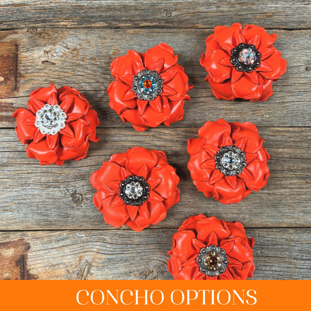 Bright Orange Gardenia Leather Flowers - 1" Crystal Conchos - Options