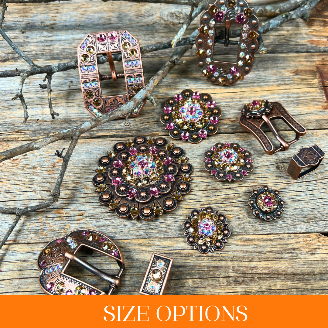 Copper Pink - AB - Champagne - Crystal Conchos Sizes from 1"-3" and Buckles