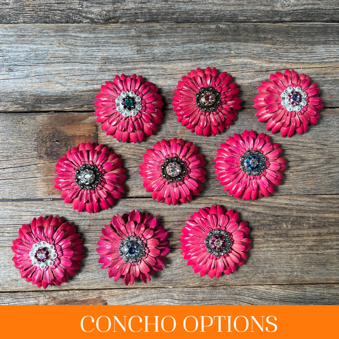 Pink Daisy Leather Flowers - 1" Crystal Conchos - Options