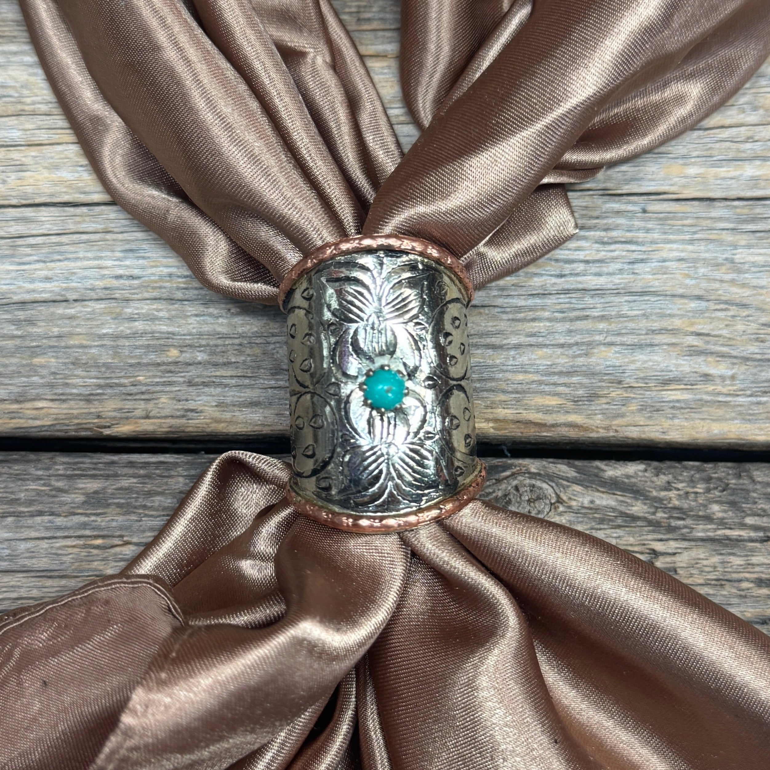 Silver Engraved Small Flower with Turquoise Wild Rag Slide #PS101
