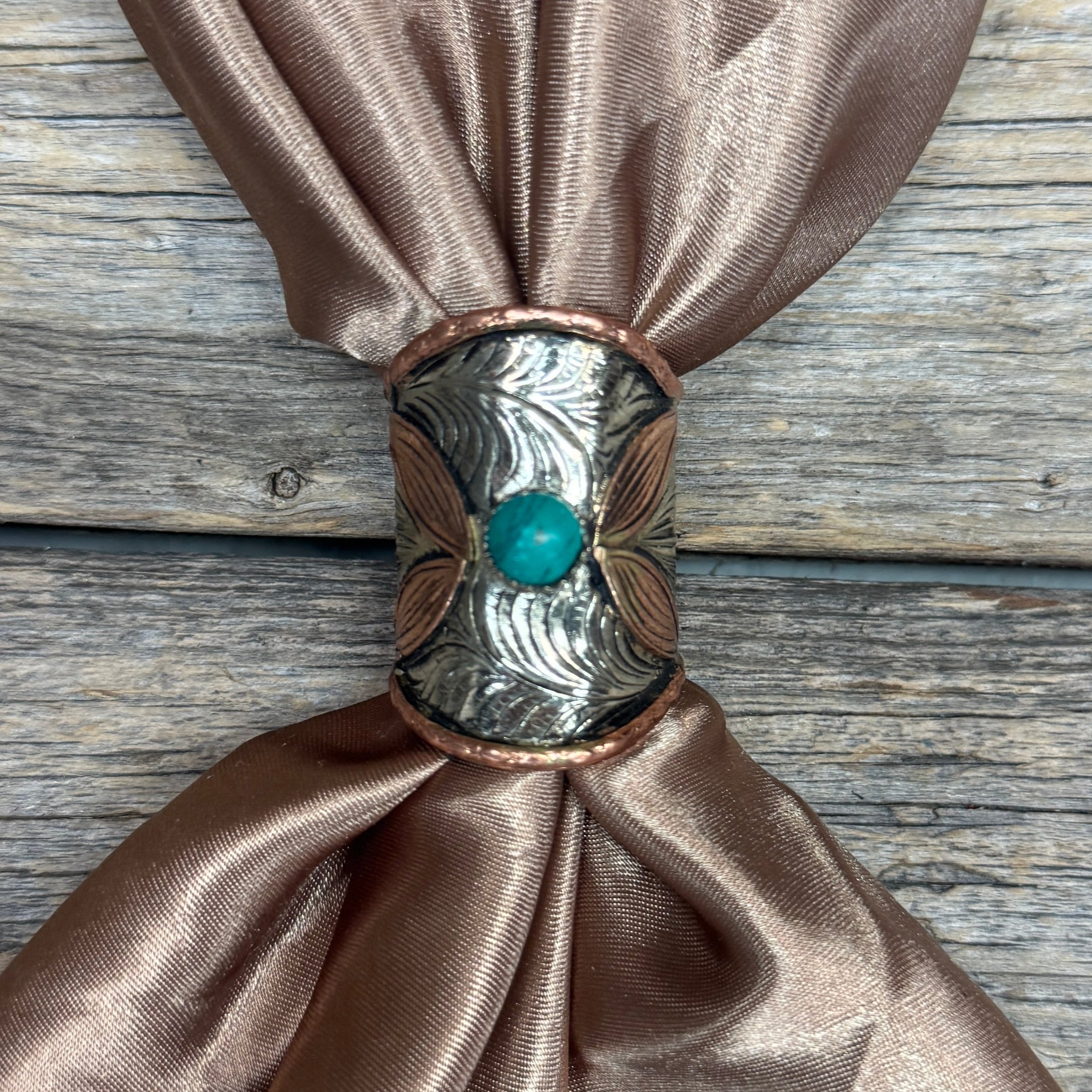 Silver Engraved Copper Leaf with Turquoise Wild Rag Slide #PS103