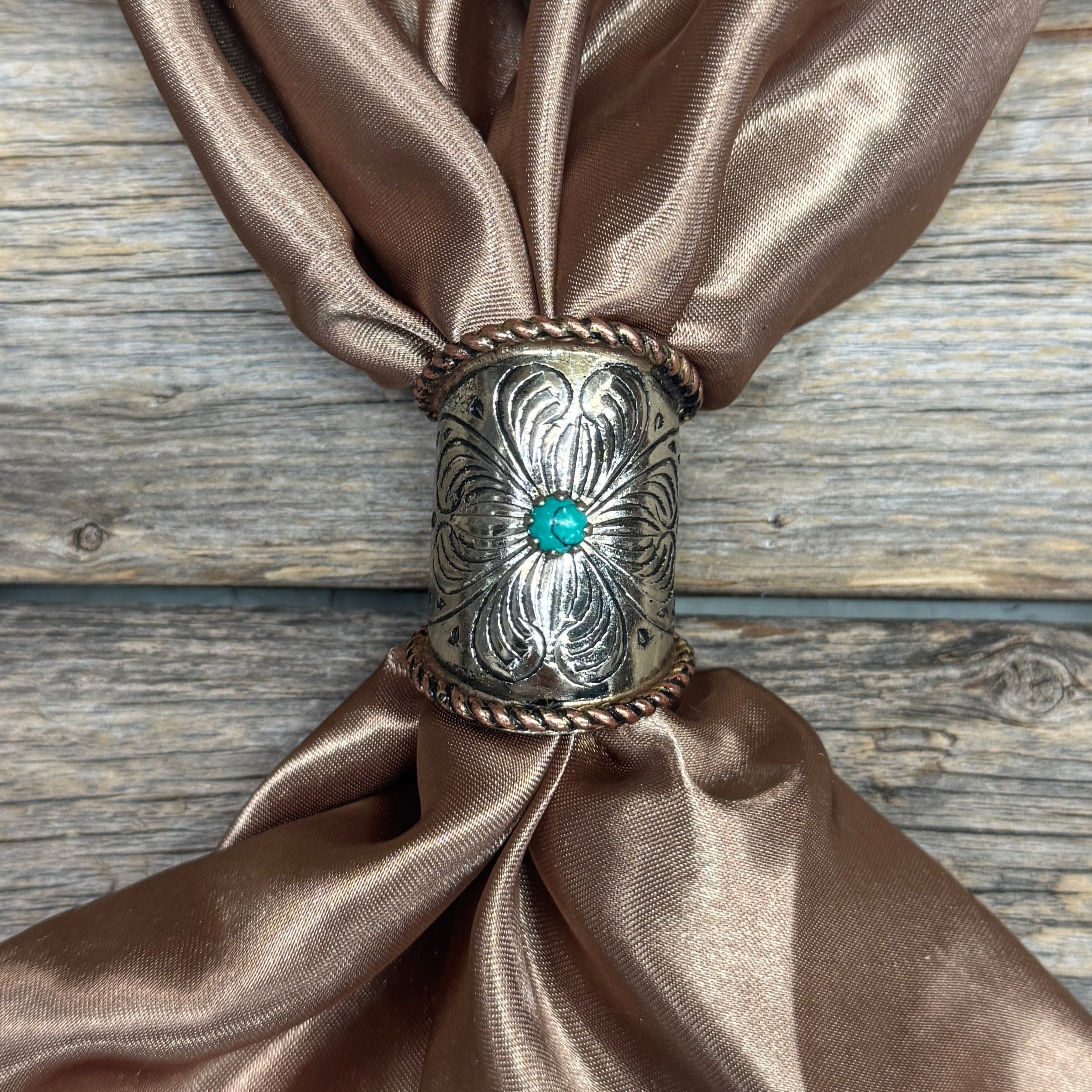 Silver Engraved Large Flower with Turquoise Wild Rag Slide #PS105
