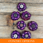 Purple Gardenia Leather Flowers - 1" Crystal Conchos - Options