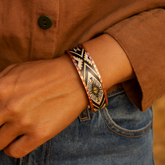Person wearing a patterned bracelet on a blurred background