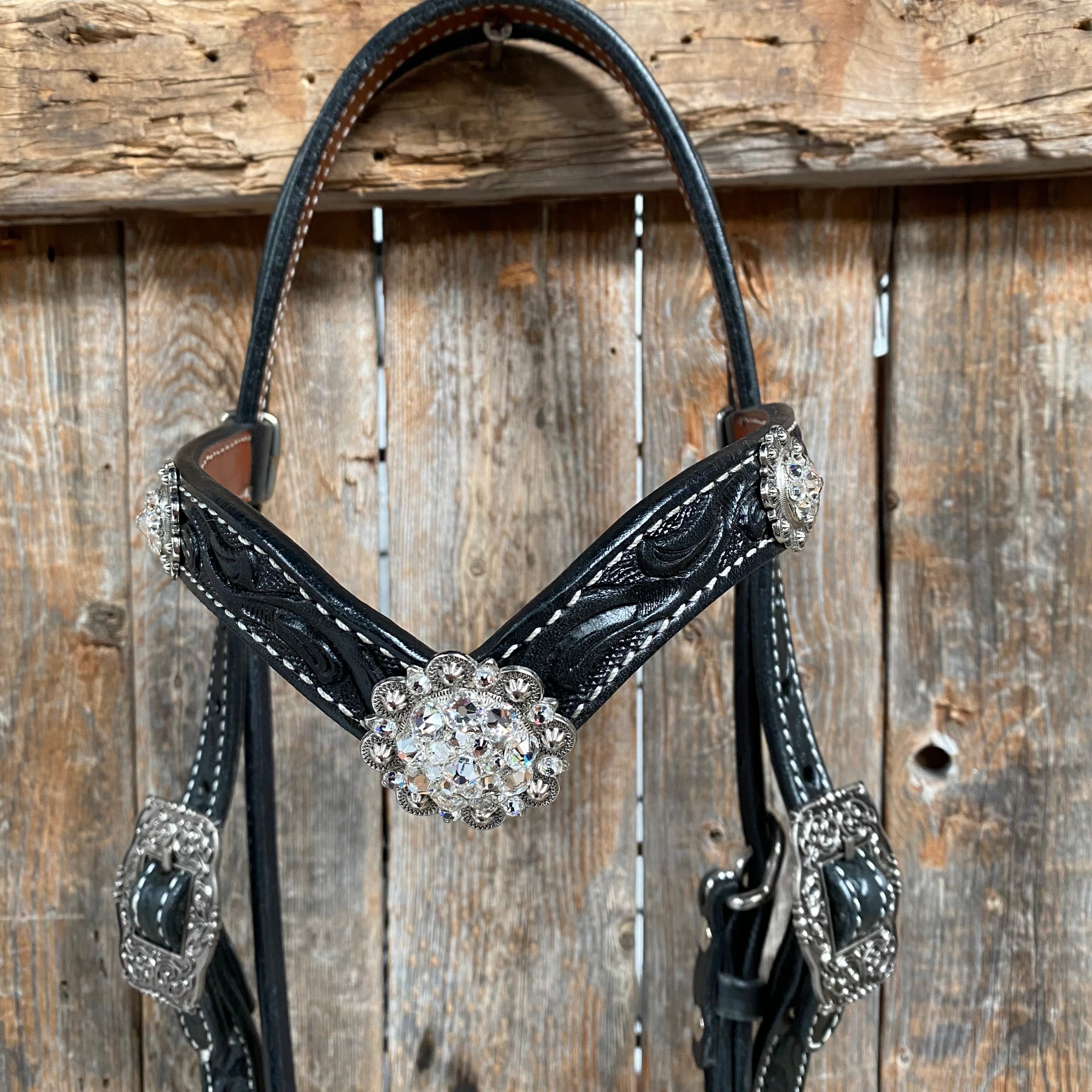 Black Browband Headstall / Bridle & Crystal Conchos #BB205
