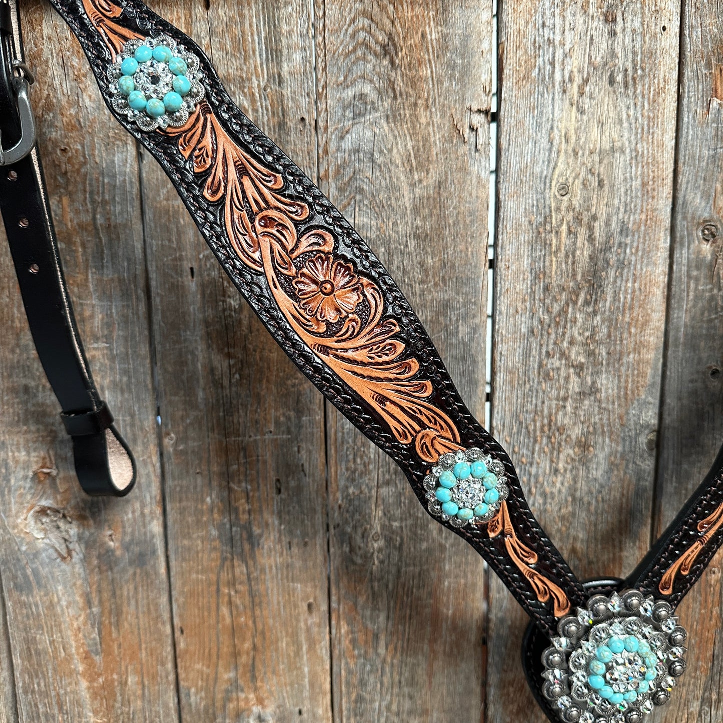 Two Tone Floral Turquoise & Clear One Ear / Browband Breastcollar Tack Set #OEBC579