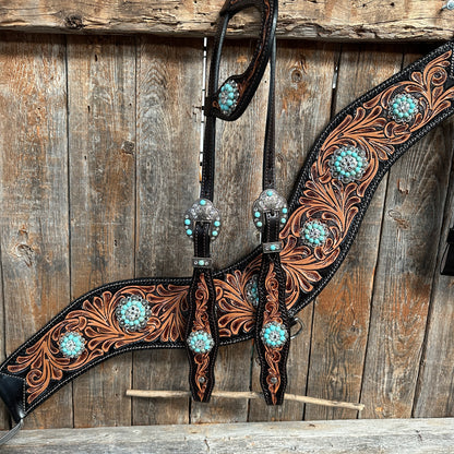 Two Tone Floral Tripping Turquoise & Clear One Ear / Browband Breastcollar Tack Set #OEBC580