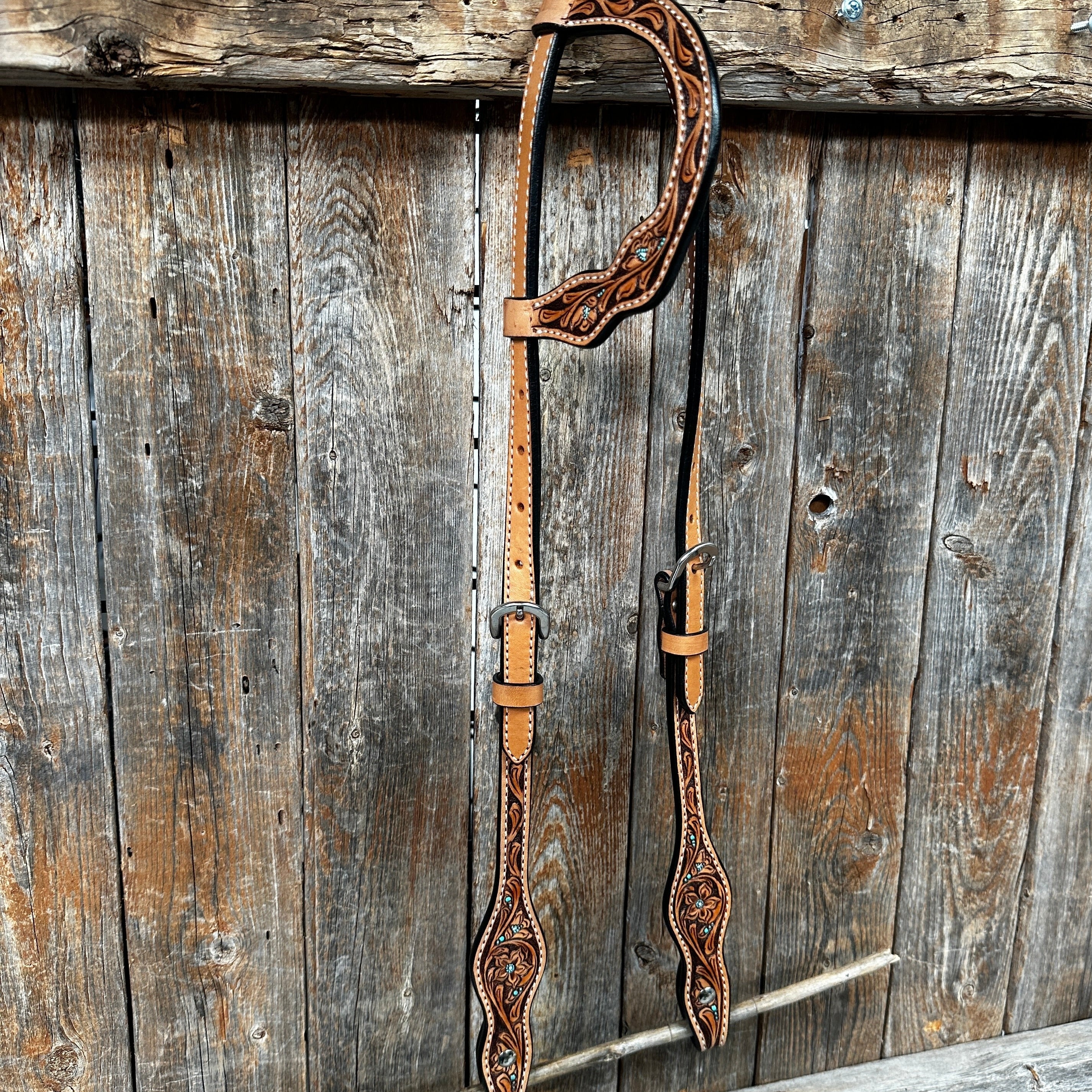 Light Oil Floral and Teal Dot One Ear Headstall / Bridle #24338L