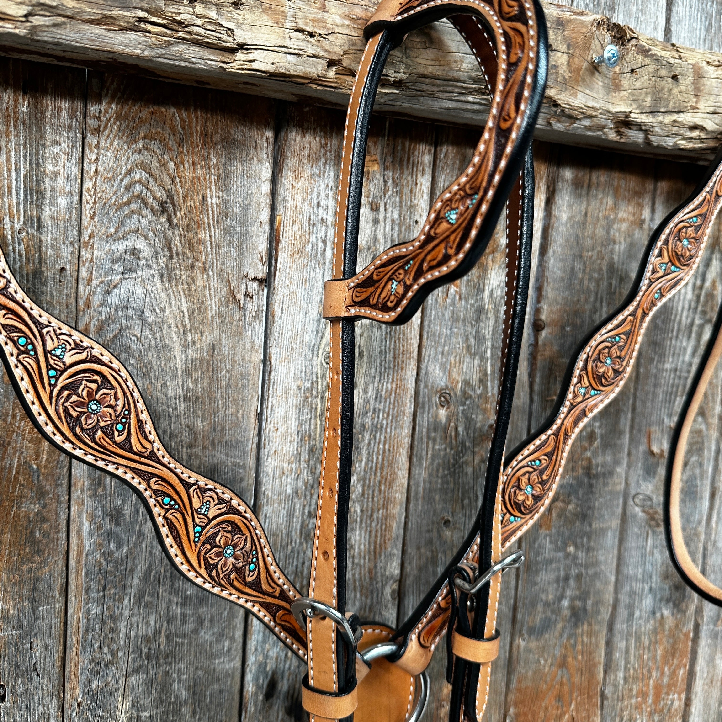 Light Oil Floral and Teal Dot Browband / One Ear Headstall and Breastcollar Tack Sets