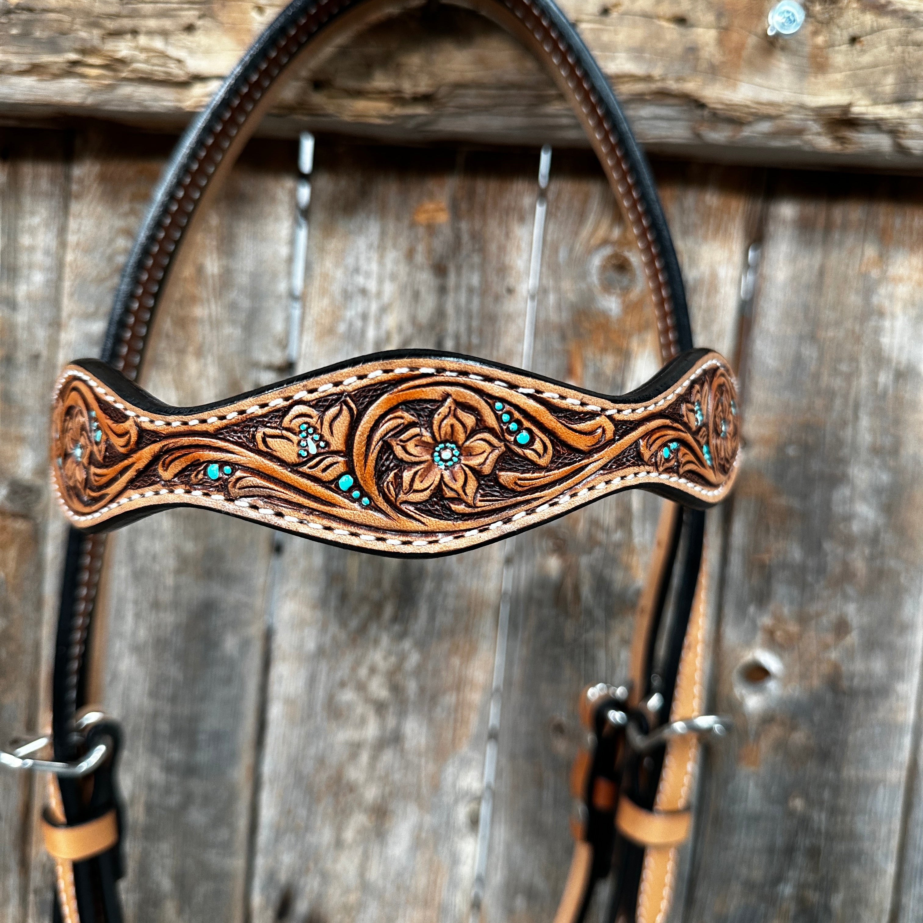 Light Oil Floral and Teal Dot Browband Headstall / Bridle #24337L