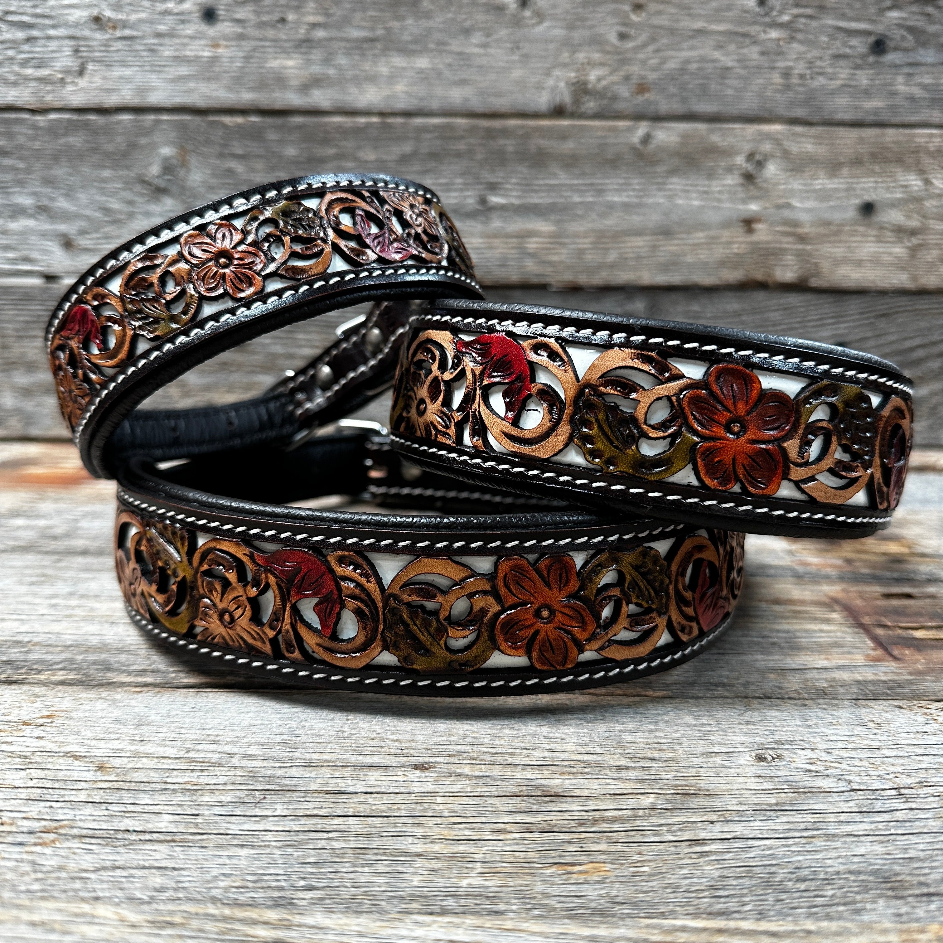 Floral White Inlay Wide Dog Collar #HI100