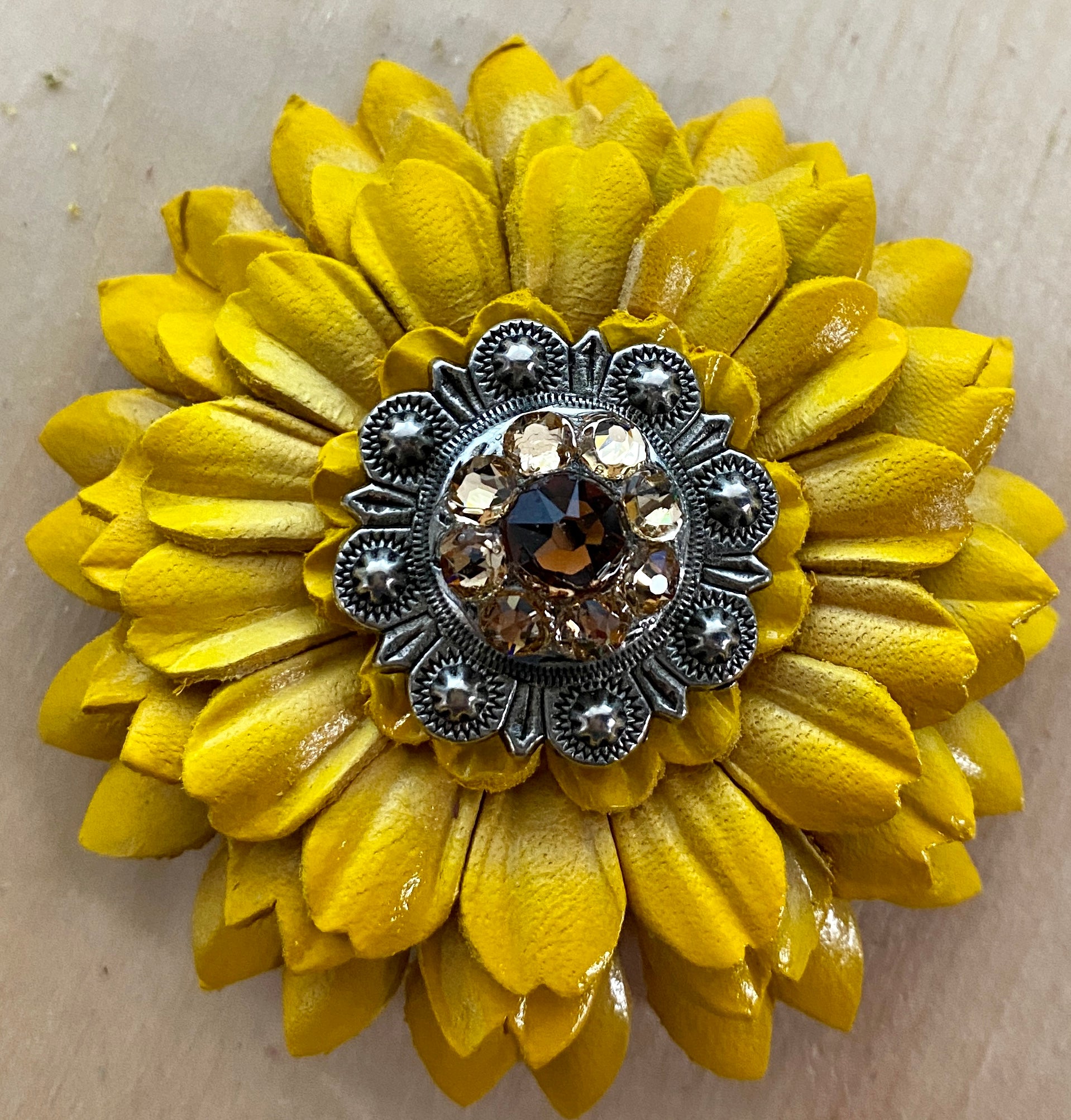 Yellow Daisy Leather Flowers - 1" Crystal Conchos - Options