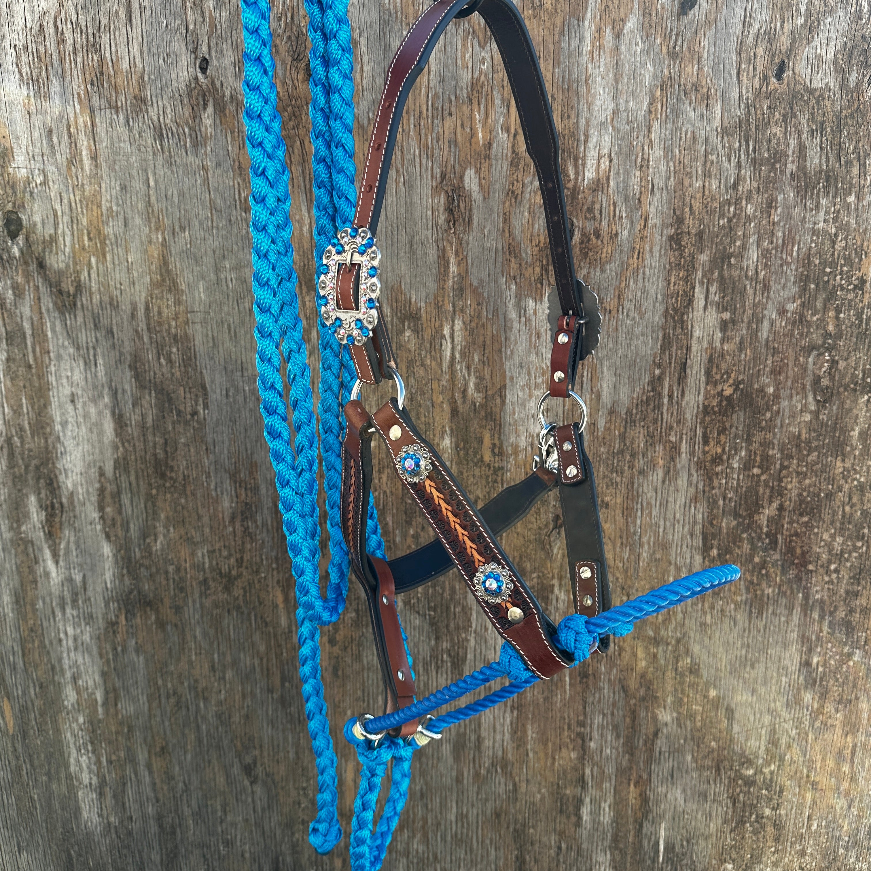 Fox Tail Tooled Lariat & Leather Combo Halter #LH112