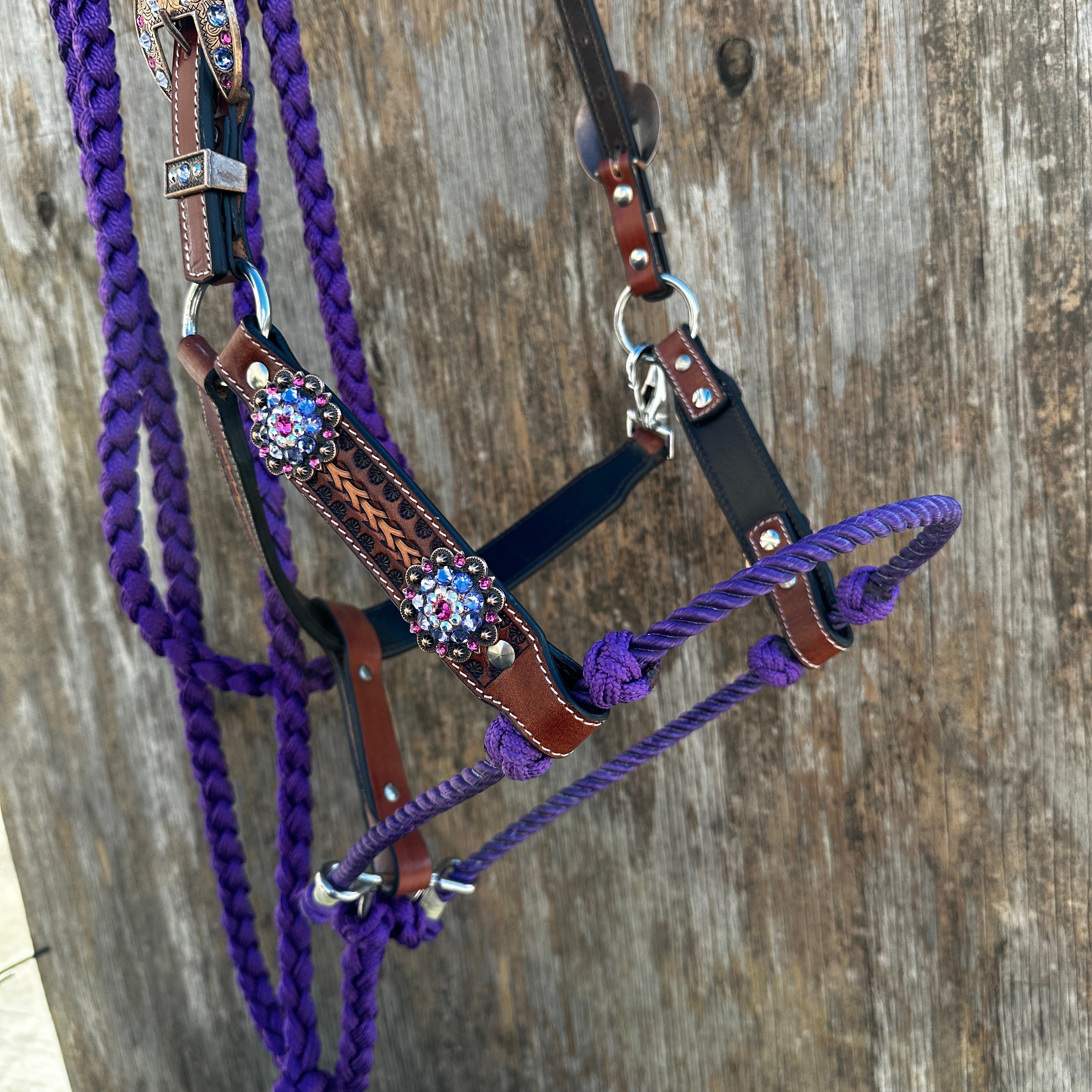 Fox Tail Tooled Lariat & Leather Combo Halter #LH113