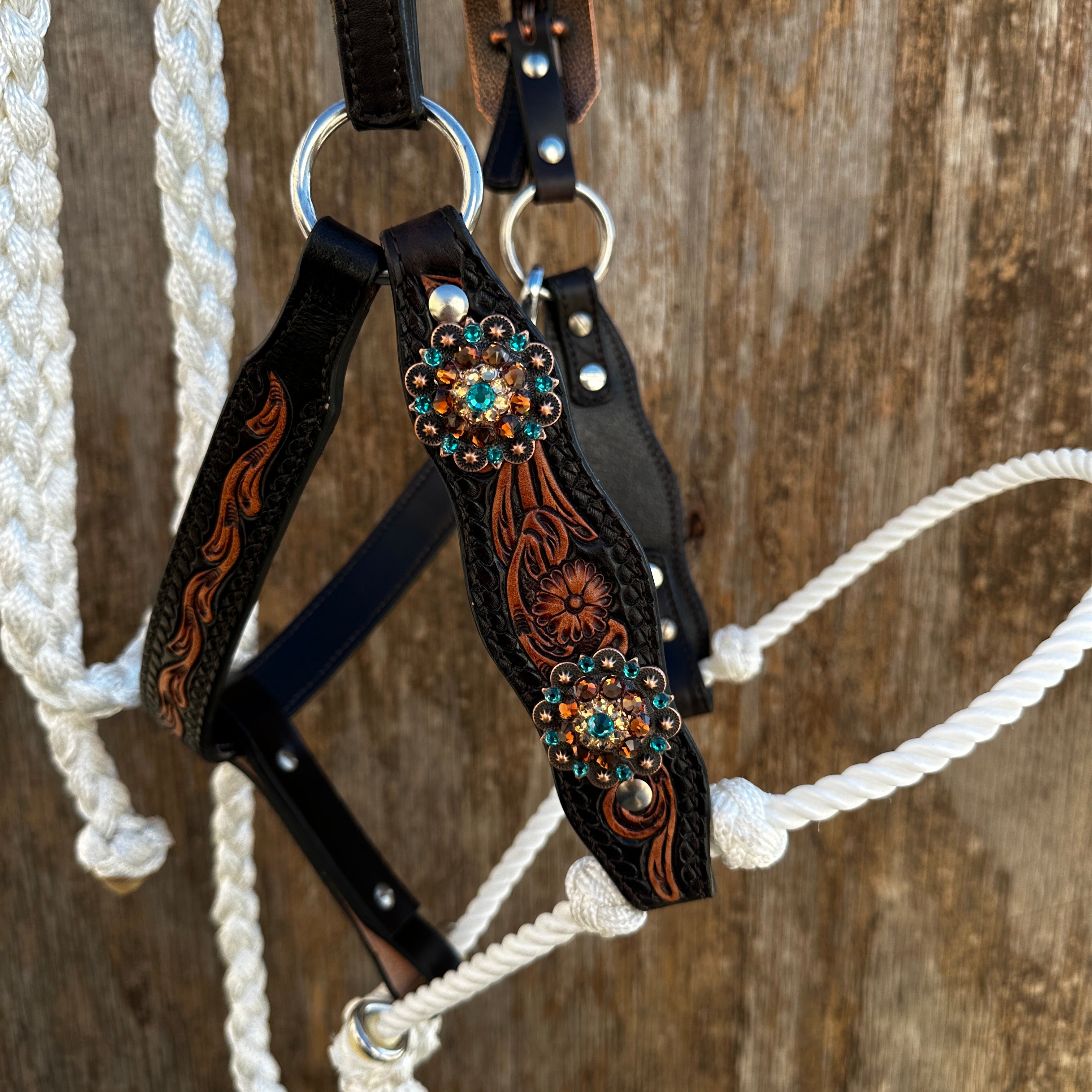 Floral Tooled Lariat & Leather Combo Halter #LH104