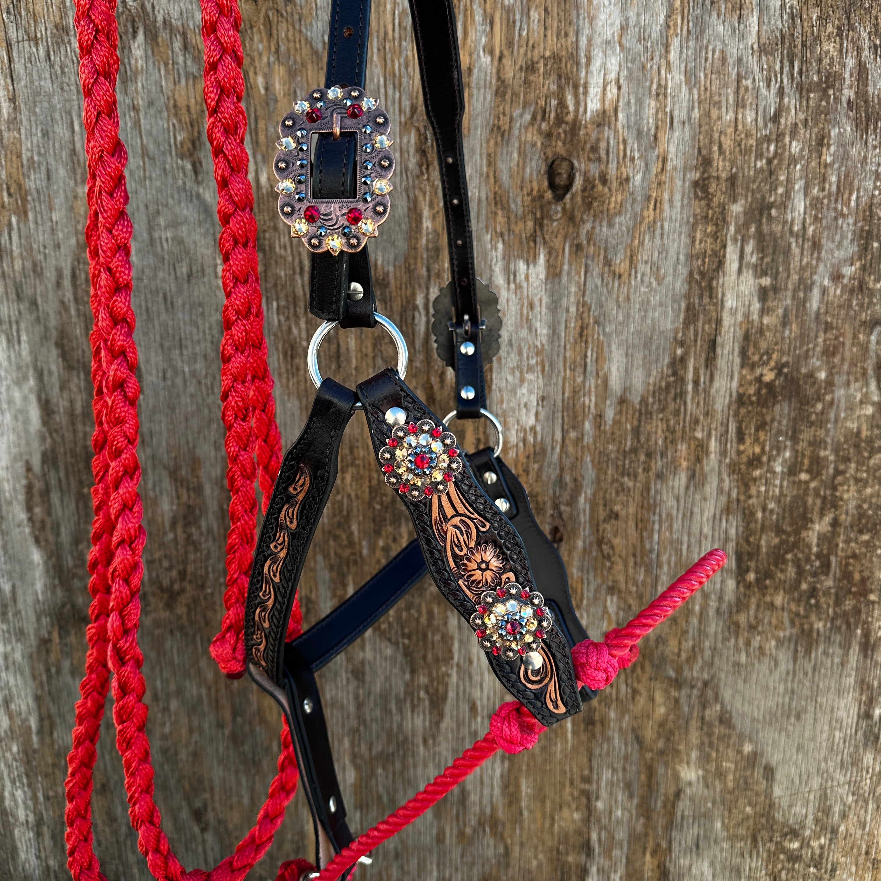 Floral Tooled Lariat & Leather Combo Halter #LH105