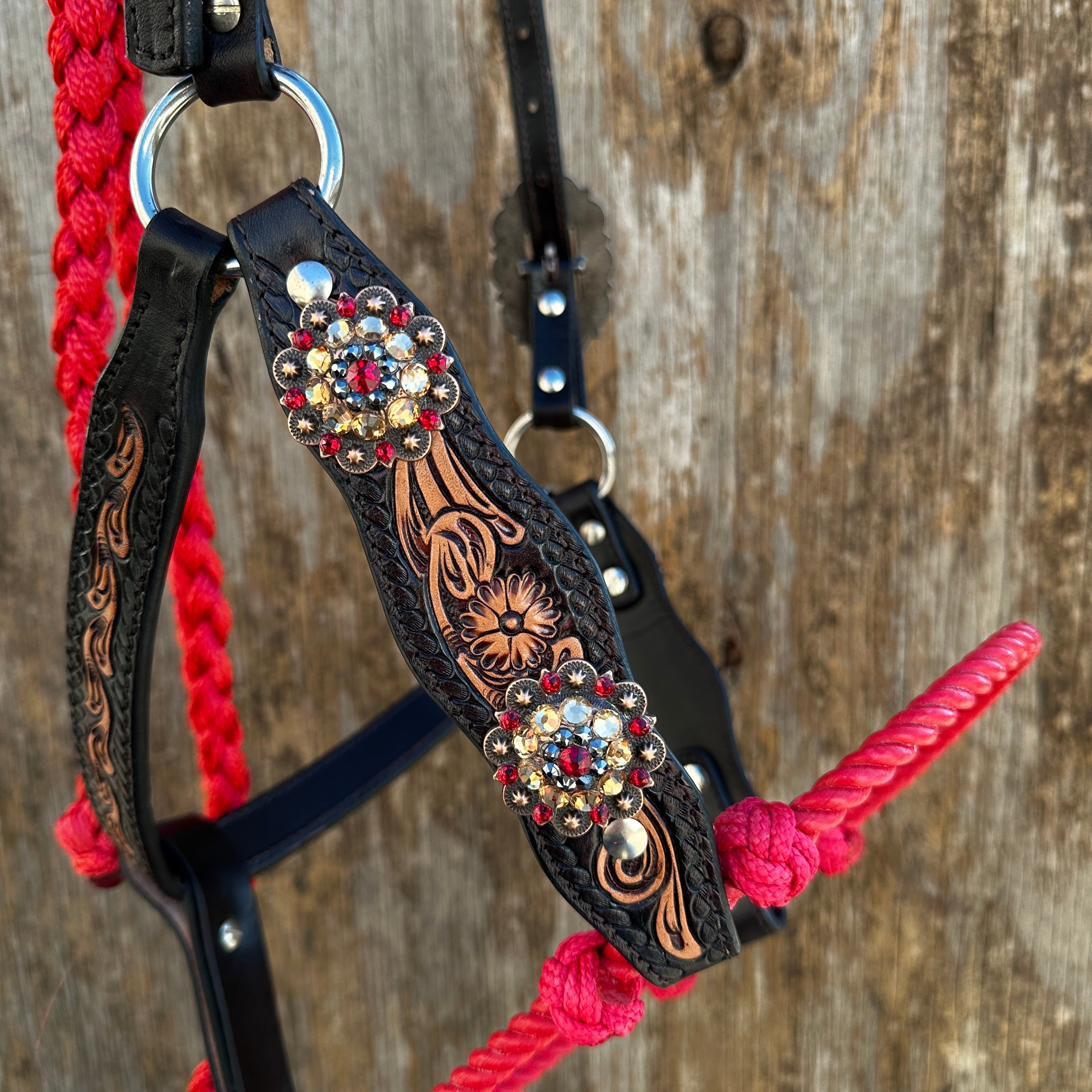 Floral Tooled Lariat & Leather Combo Halter #LH105