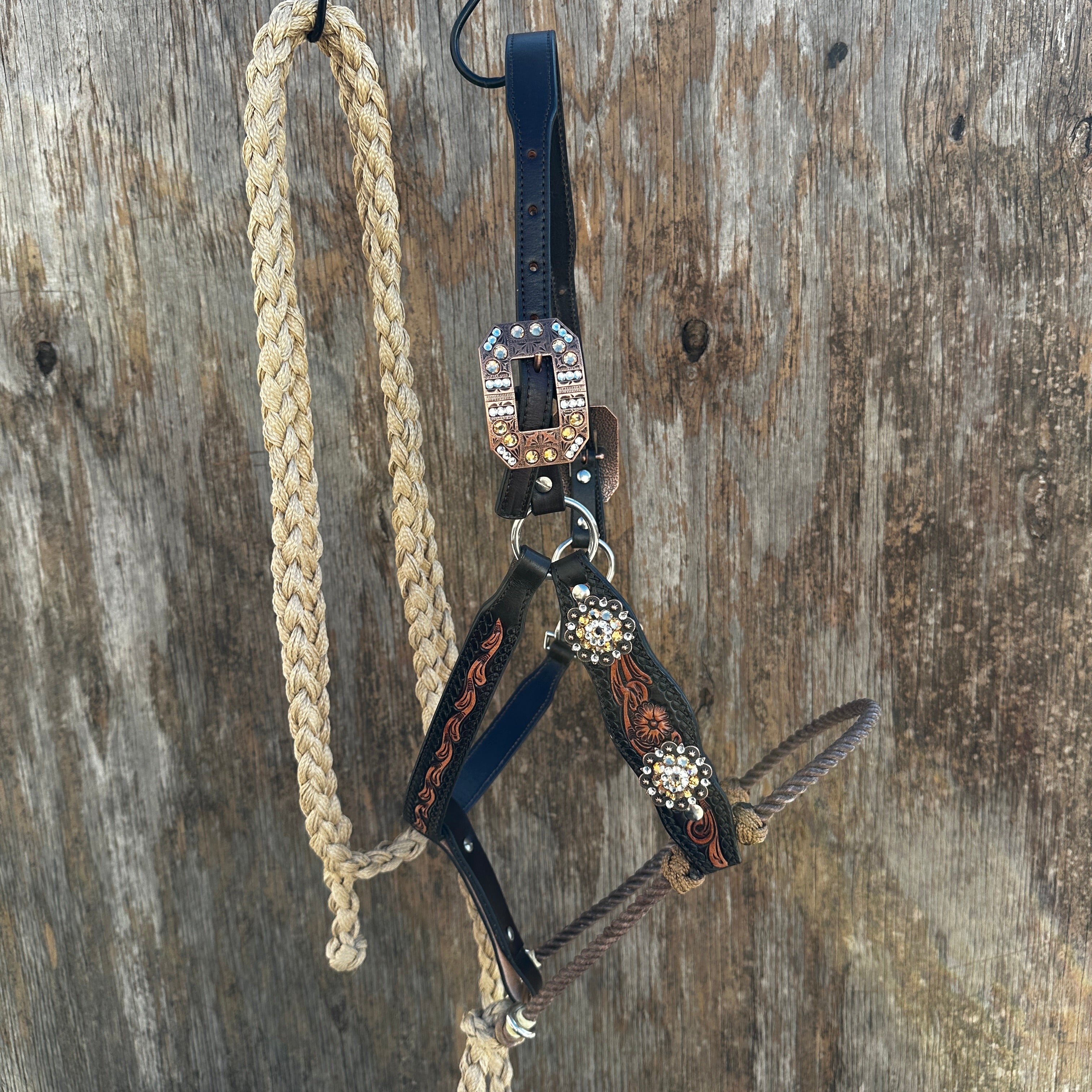 Floral Tooled Lariat & Leather Combo Halter #LH106