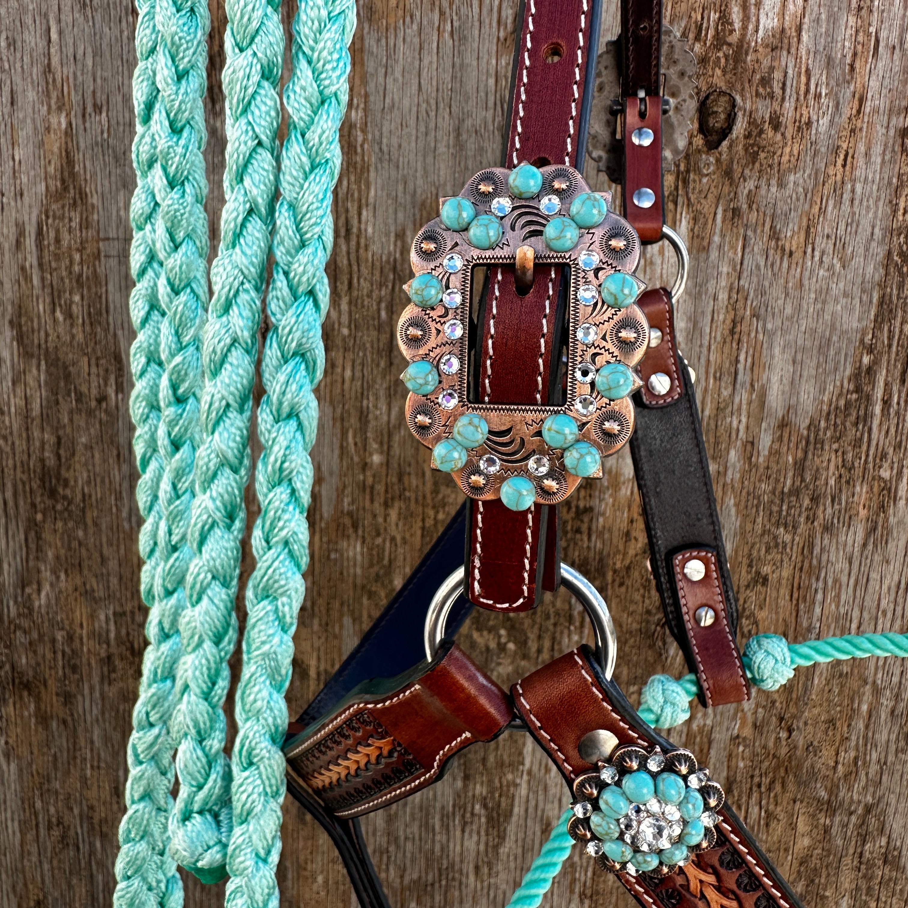 Fox Tail Tooled Lariat & Leather Combo Halter #LH115