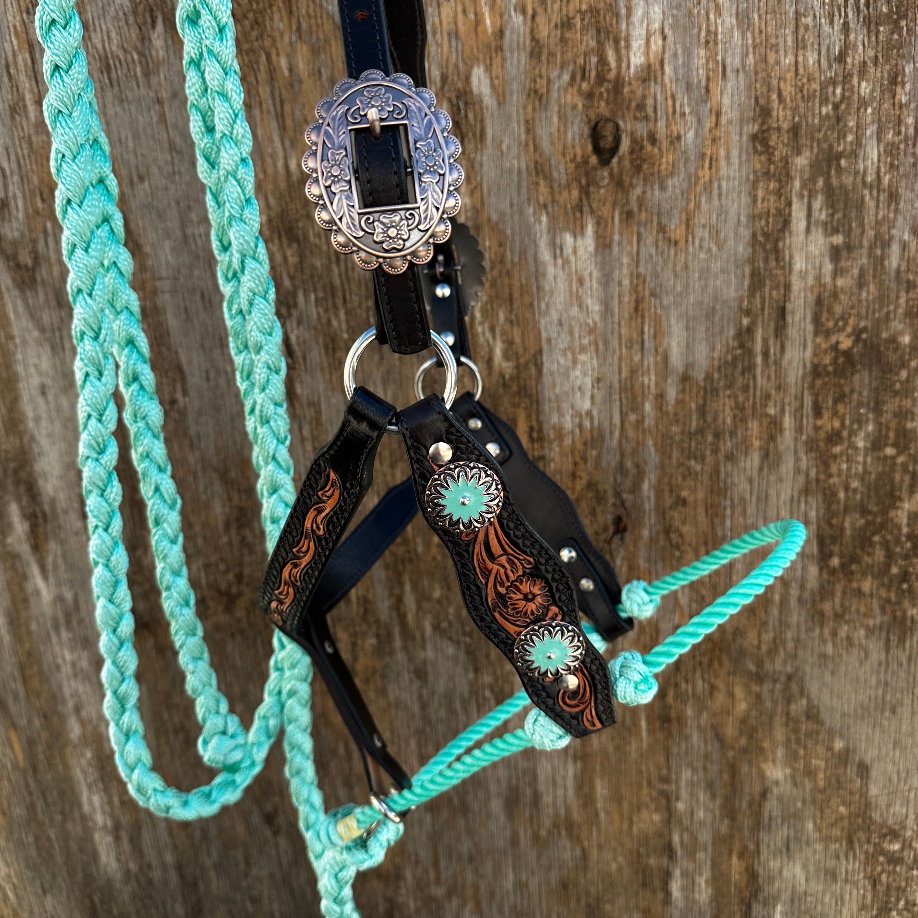 Floral Tooled Lariat & Leather Combo Halter #LH118
