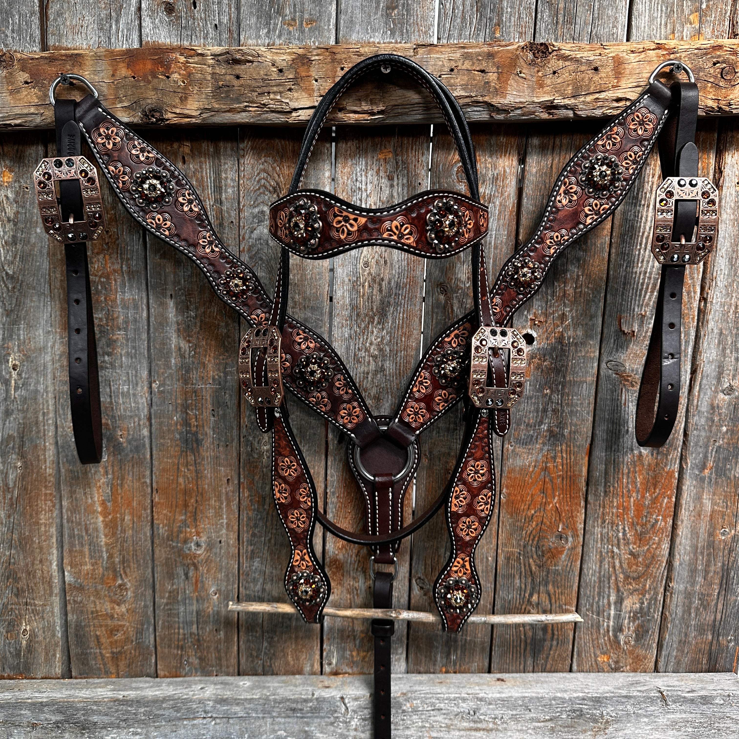 Flower Power and Chocolate Browband/One Ear Headstall & Breastcollar Tack Set #BBBC588