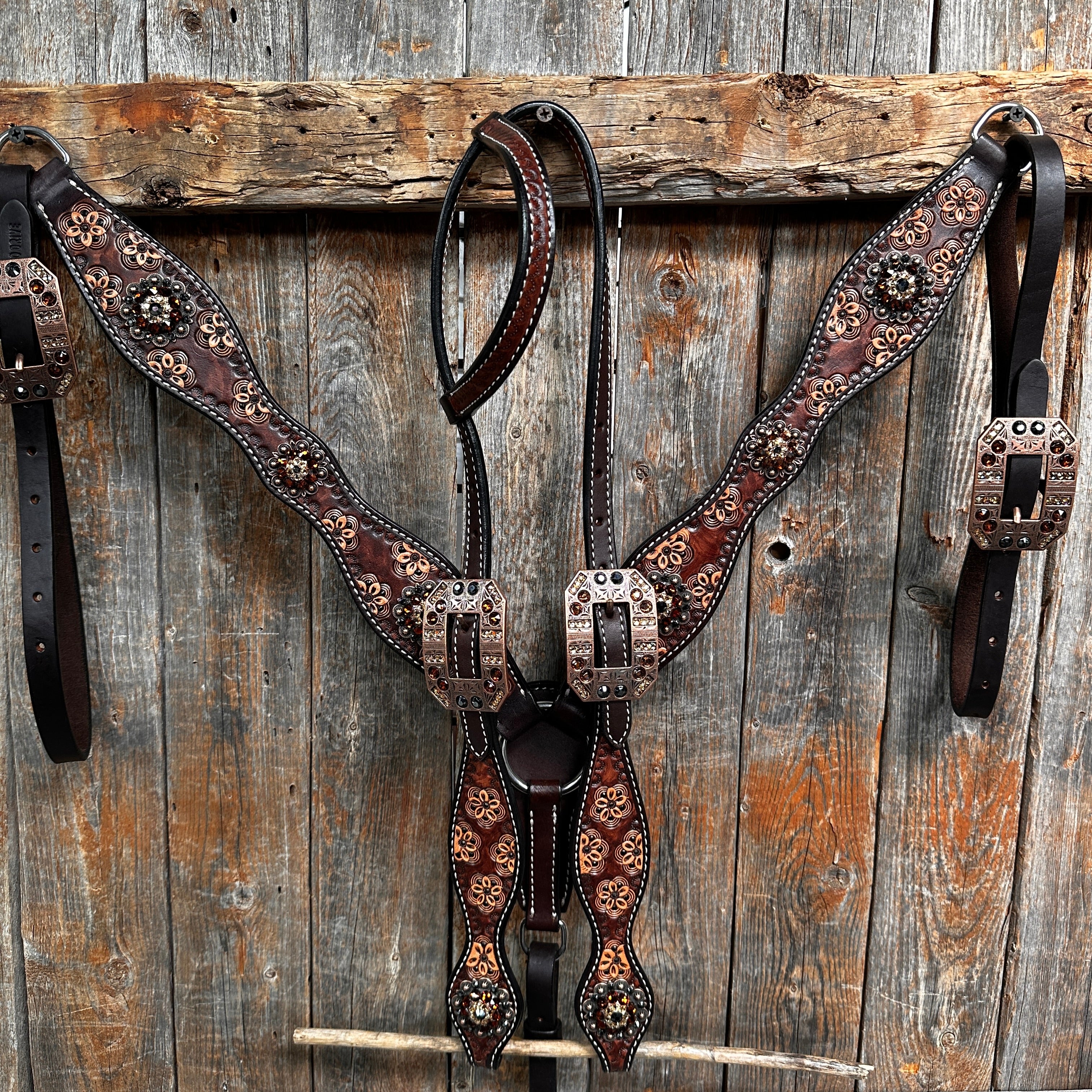 Flower Power and Chocolate Browband/One Ear Headstall & Breastcollar Tack Set #BBBC588