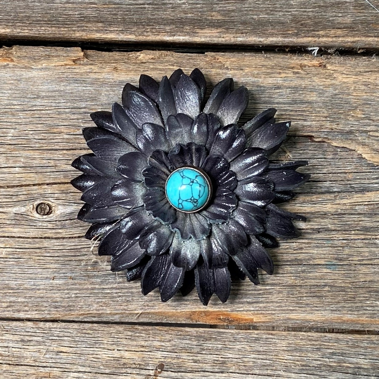 Black Daisy Flower With Round Turquoise Cabochon