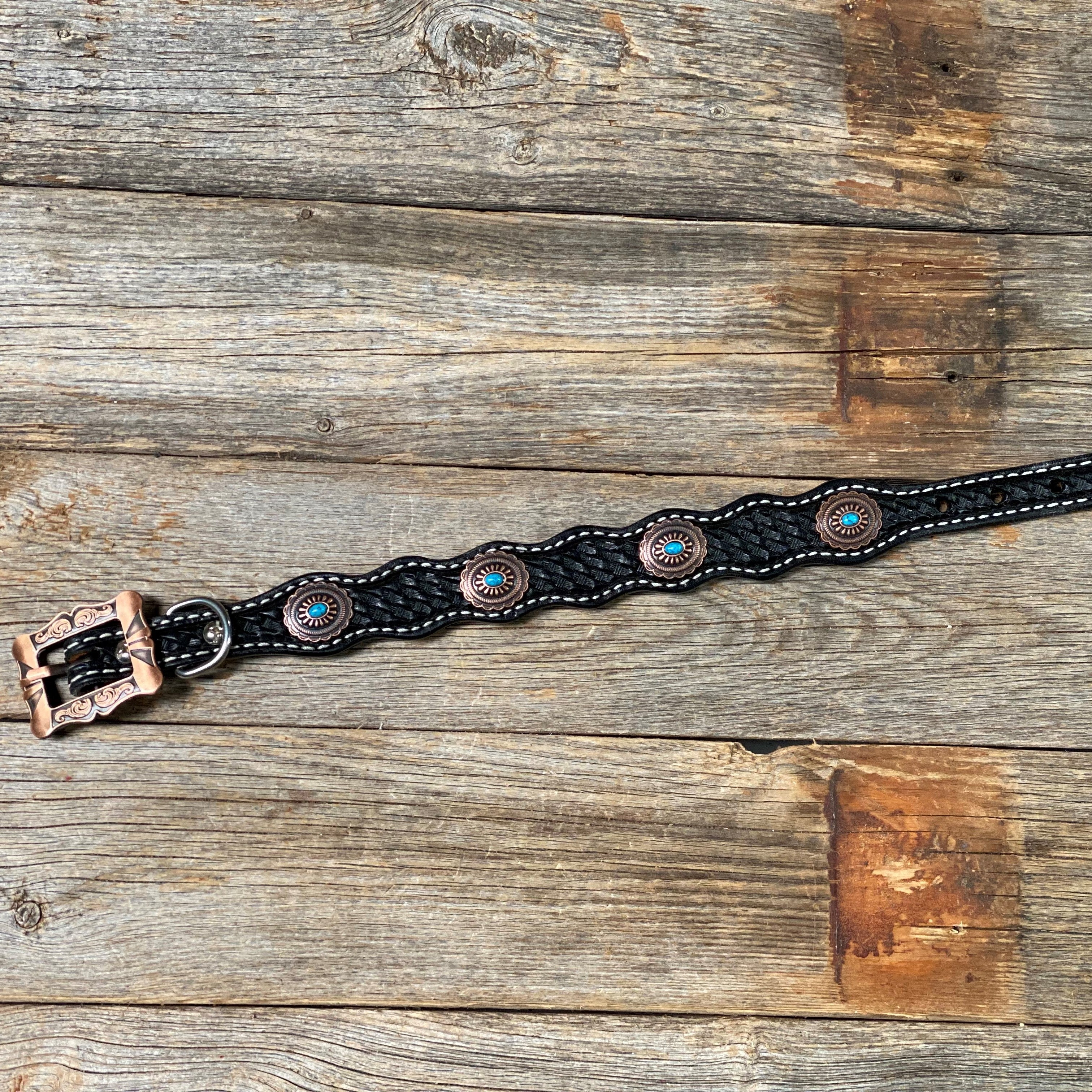 DC22 -Black Oval Turquoise Dog Collar 12" to 28" W179S