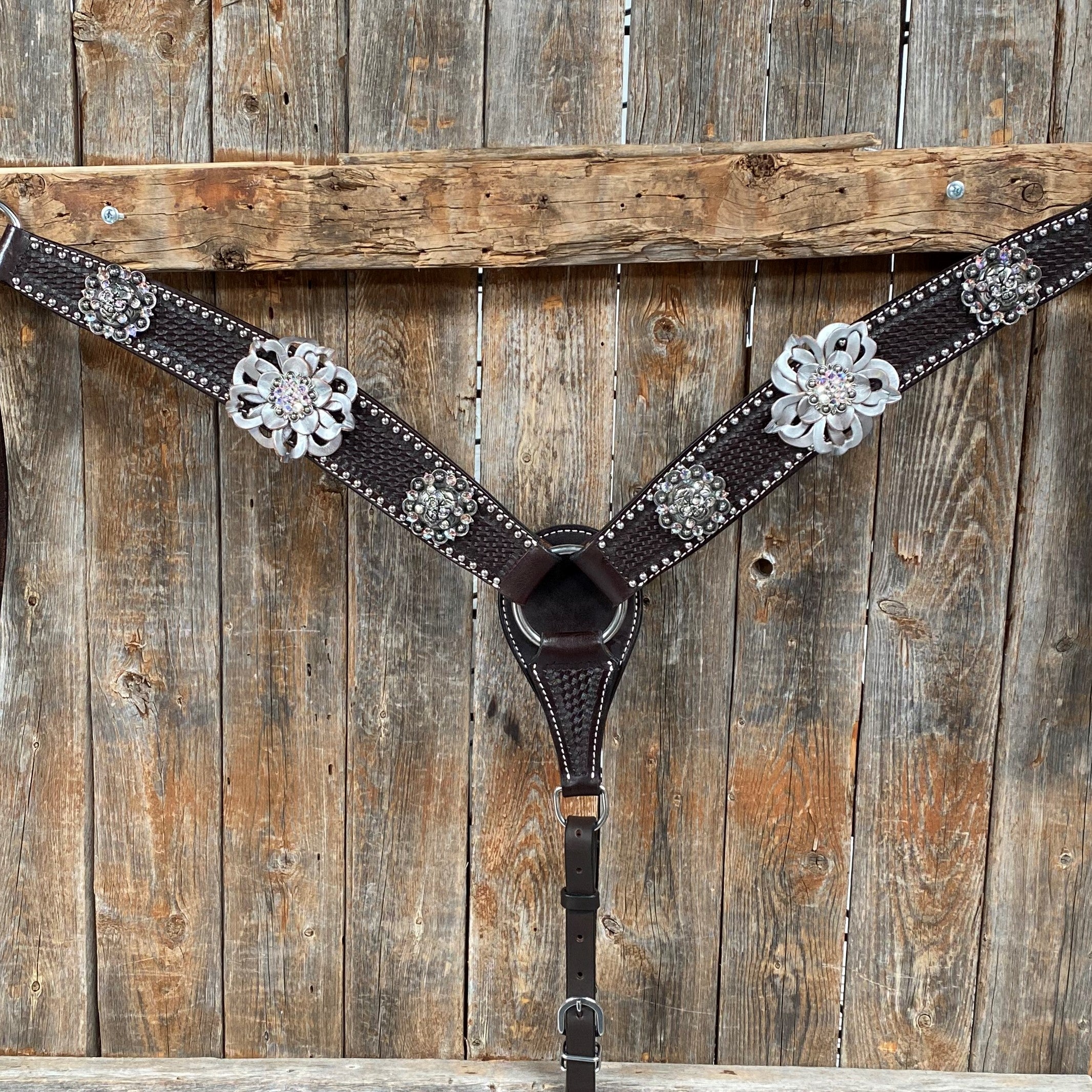 Dark Oil Silver Dot Flowers and Skulls Browband / One Ear Tack Set #BBBC565