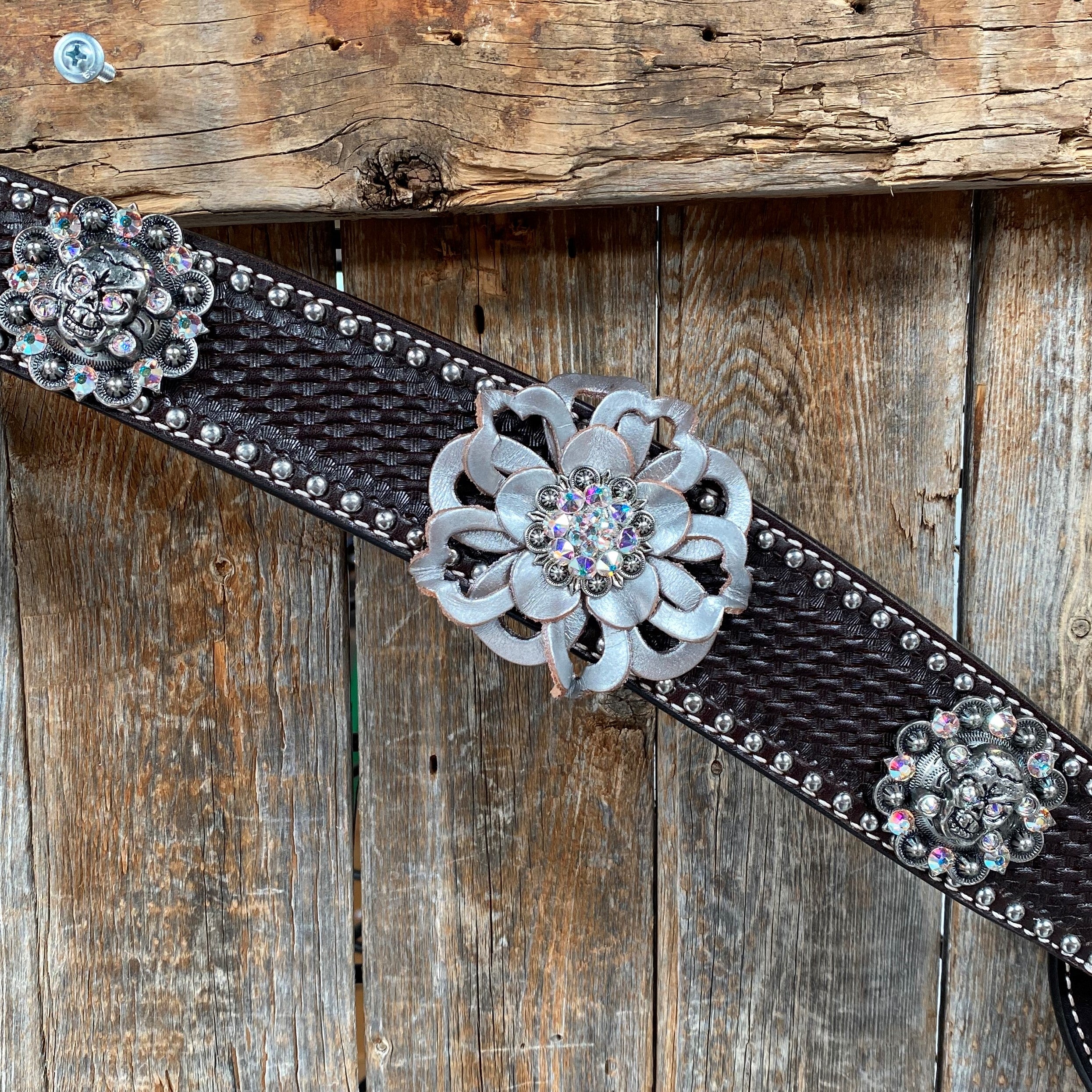 Dark Oil Silver Dot Flowers and Skulls Browband / One Ear Tack Set #BBBC565