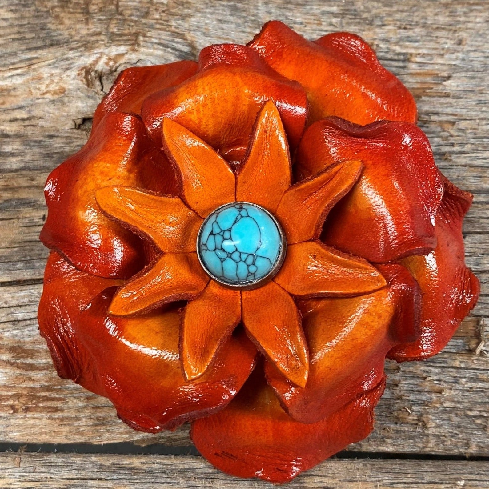Orange Gardenia Flower With Round Turquoise Cabochon
