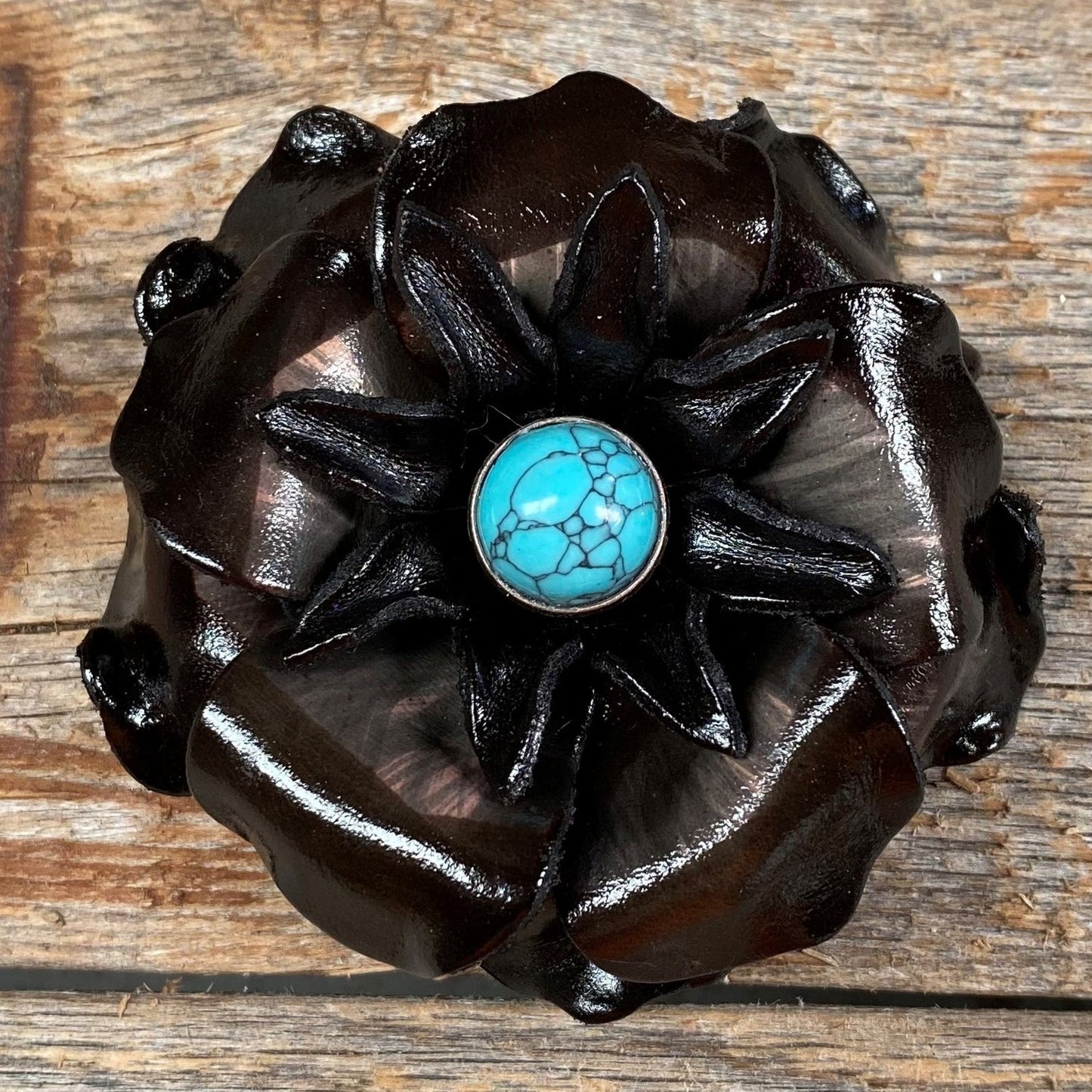 Black Gardenia Flower With Round Turquoise Cabochon
