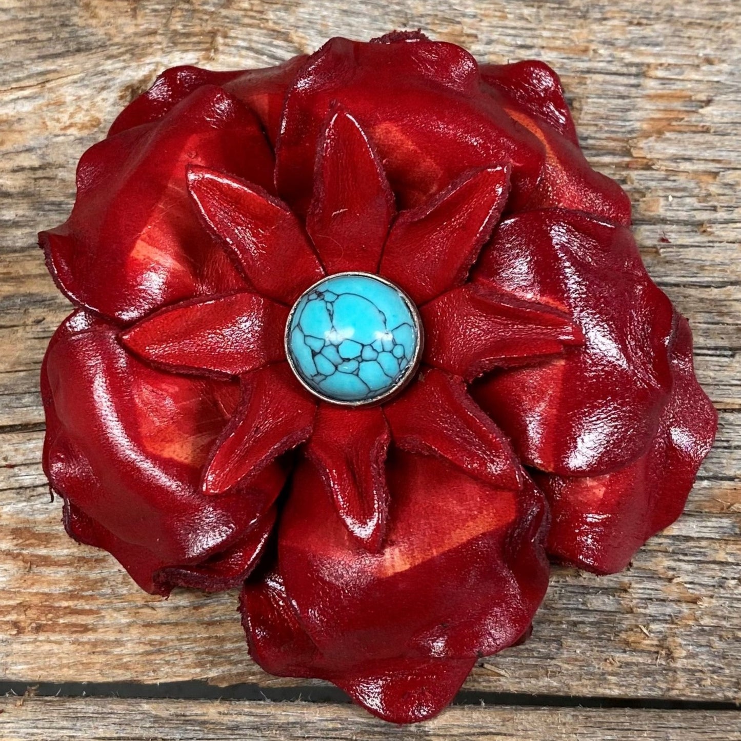 Red Gardenia Flower With Round Turquoise Cabochon