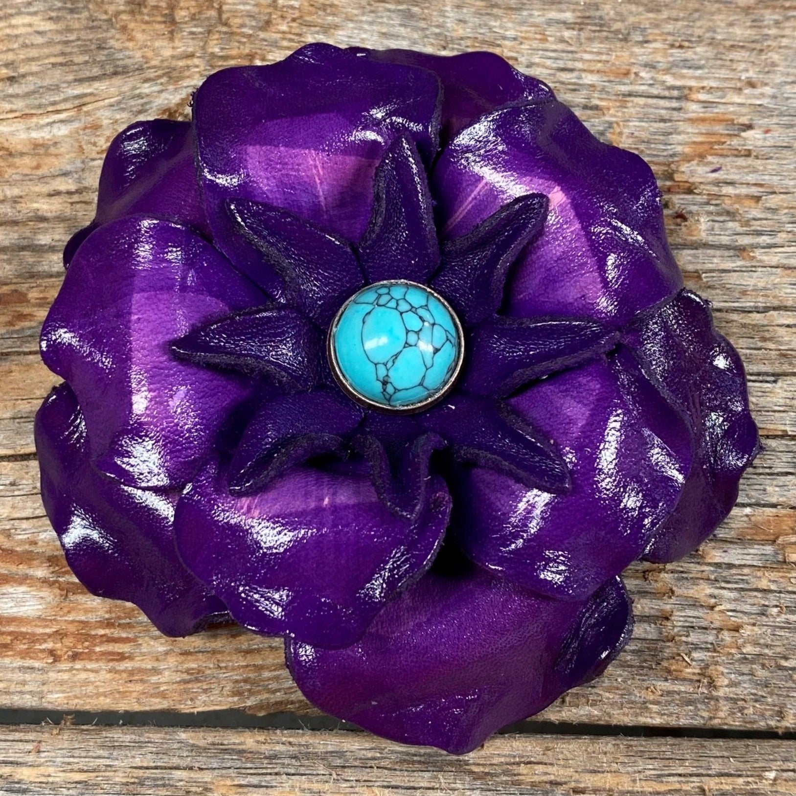 Purple Gardenia Flower With Round Turquoise Cabochon