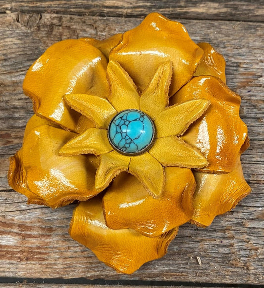 Yellow Gardenia Flower With Round Turquoise Cabochon