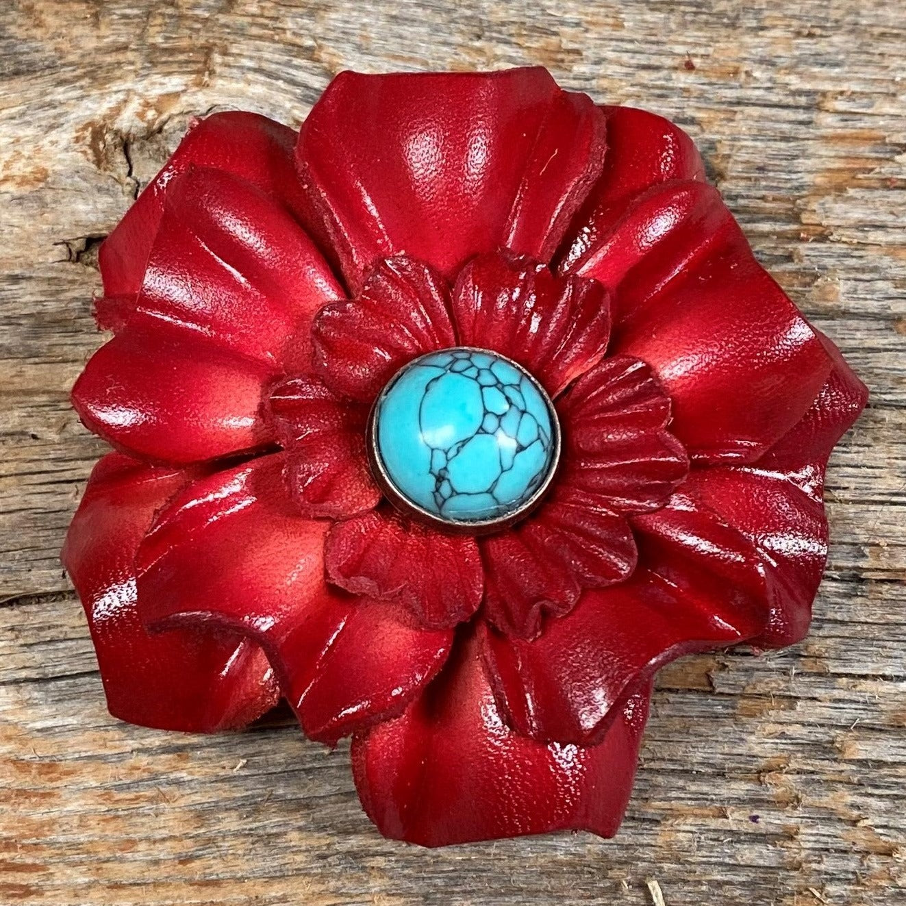Red Carnation Flower With Round Turquoise Cabochon