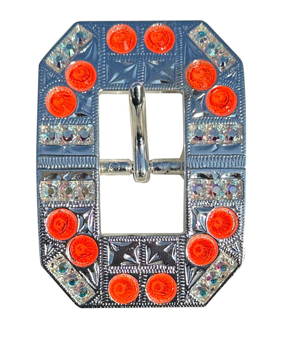 Neon Orange and AB Bright Silver European Crystal Square Cart Buckle - RODEO DRIVE