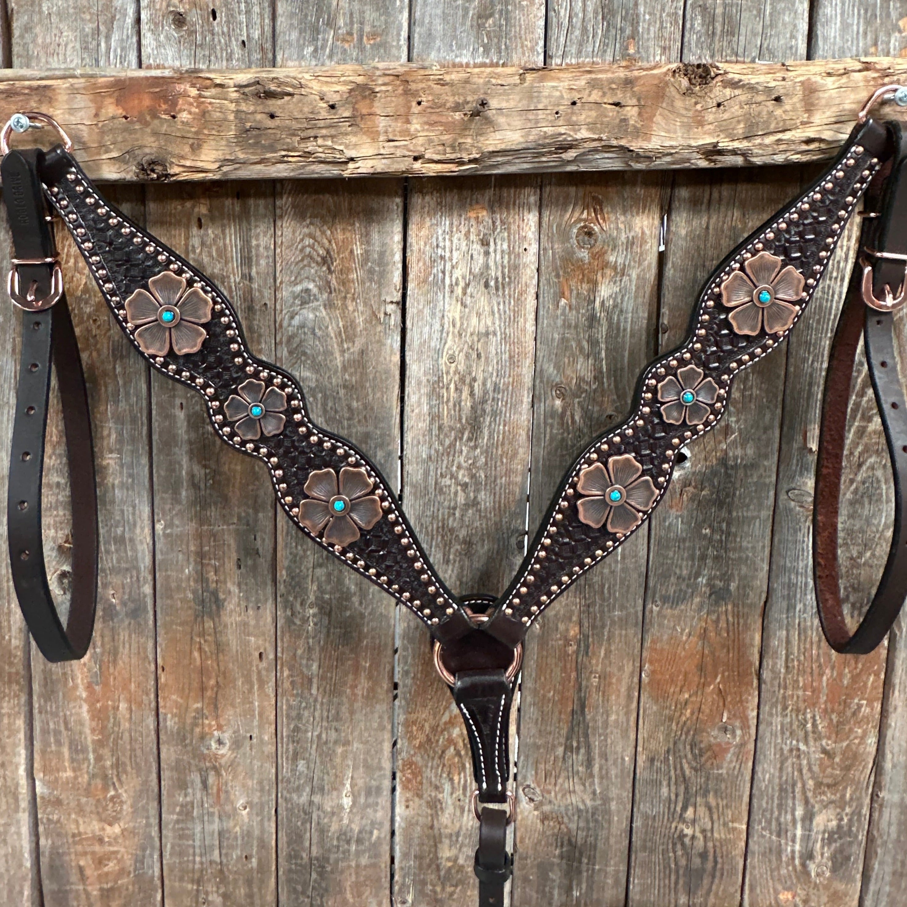 Copper Dot Honeycomb Flower and Turquoise Browband / One Ear Tack Set #BBBC563