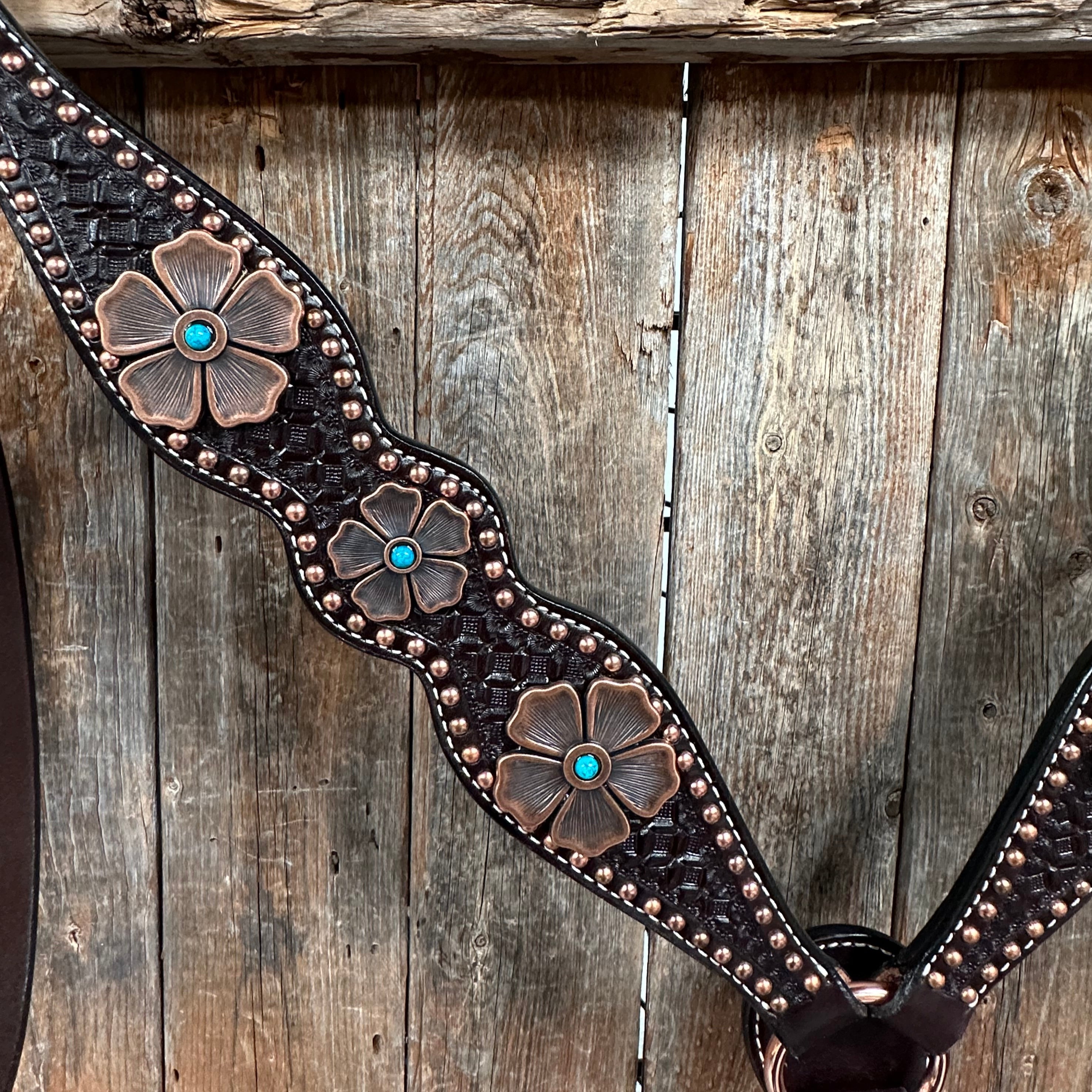 Copper Dot Honeycomb Flower and Turquoise Browband / One Ear Tack Set #BBBC563