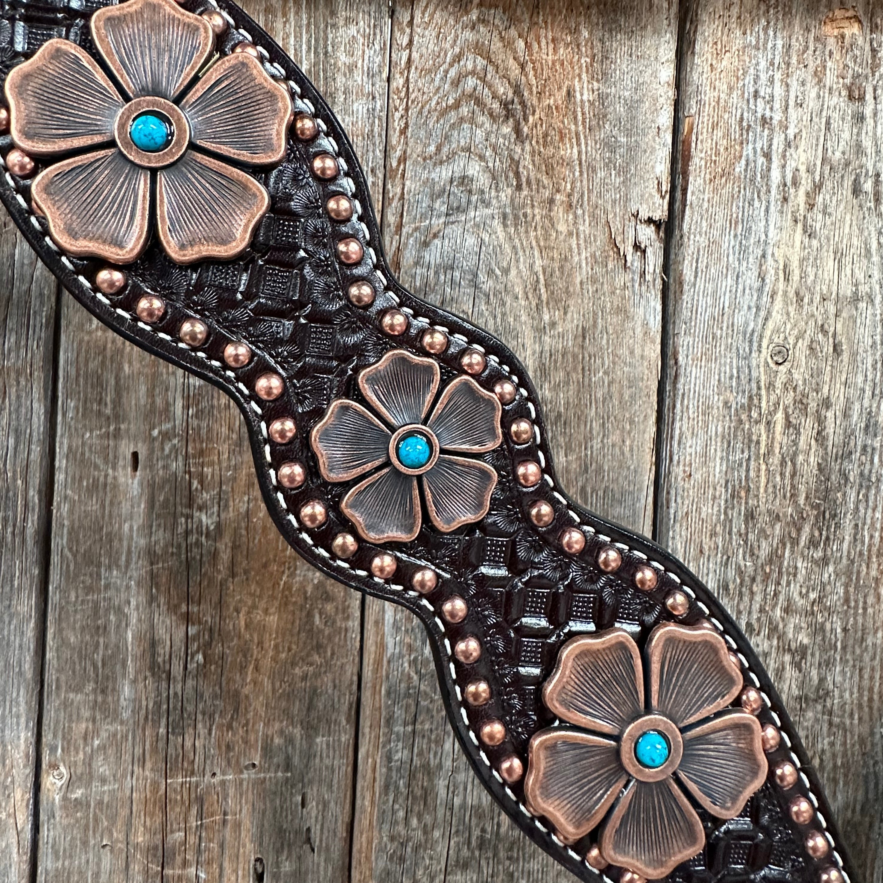 Copper Dot Honeycomb Flower and Turquoise Browband / One Ear Tack Set #BBBC563