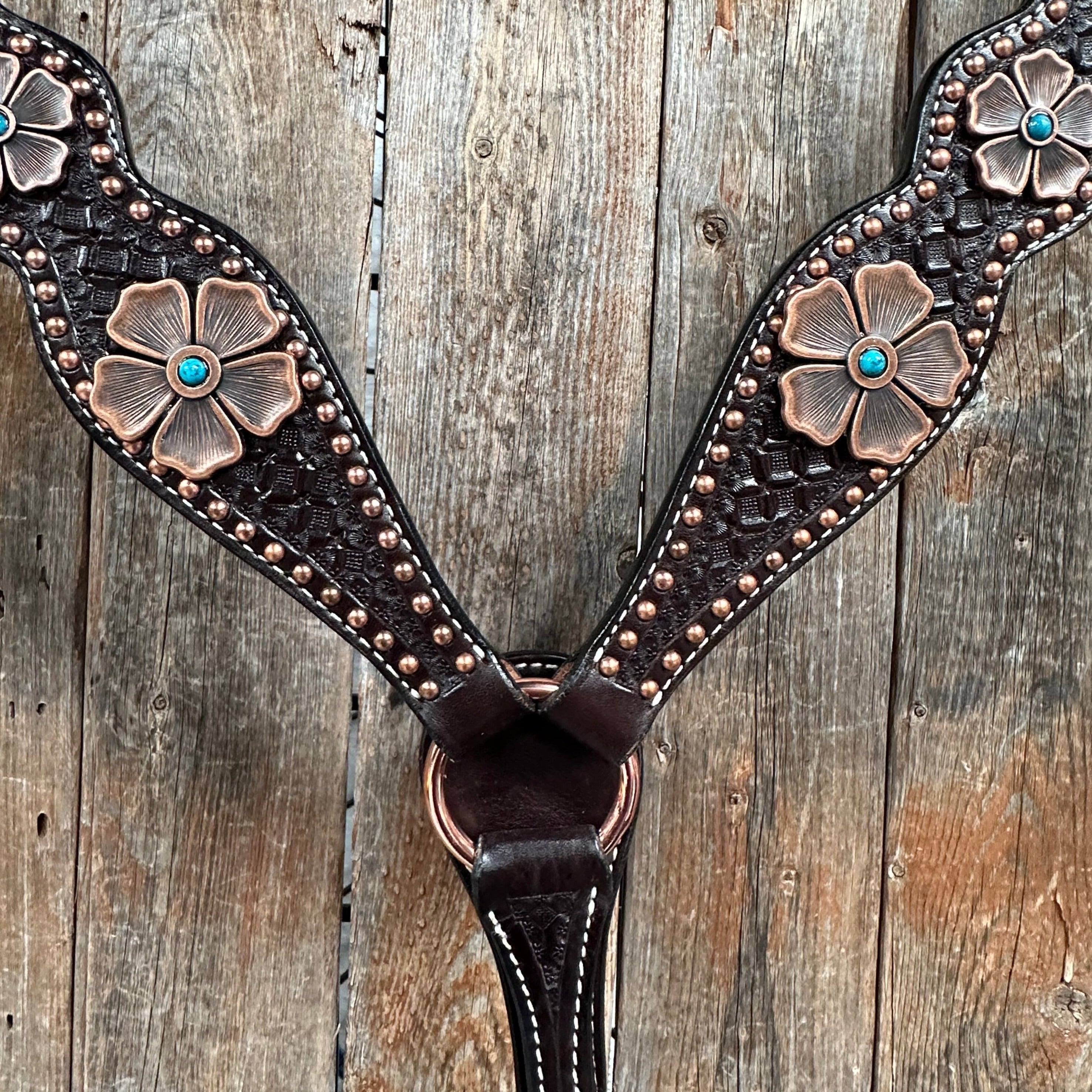 Copper Dot Honeycomb Flower and Turquoise Browband / One Ear Tack Set #BBBC563