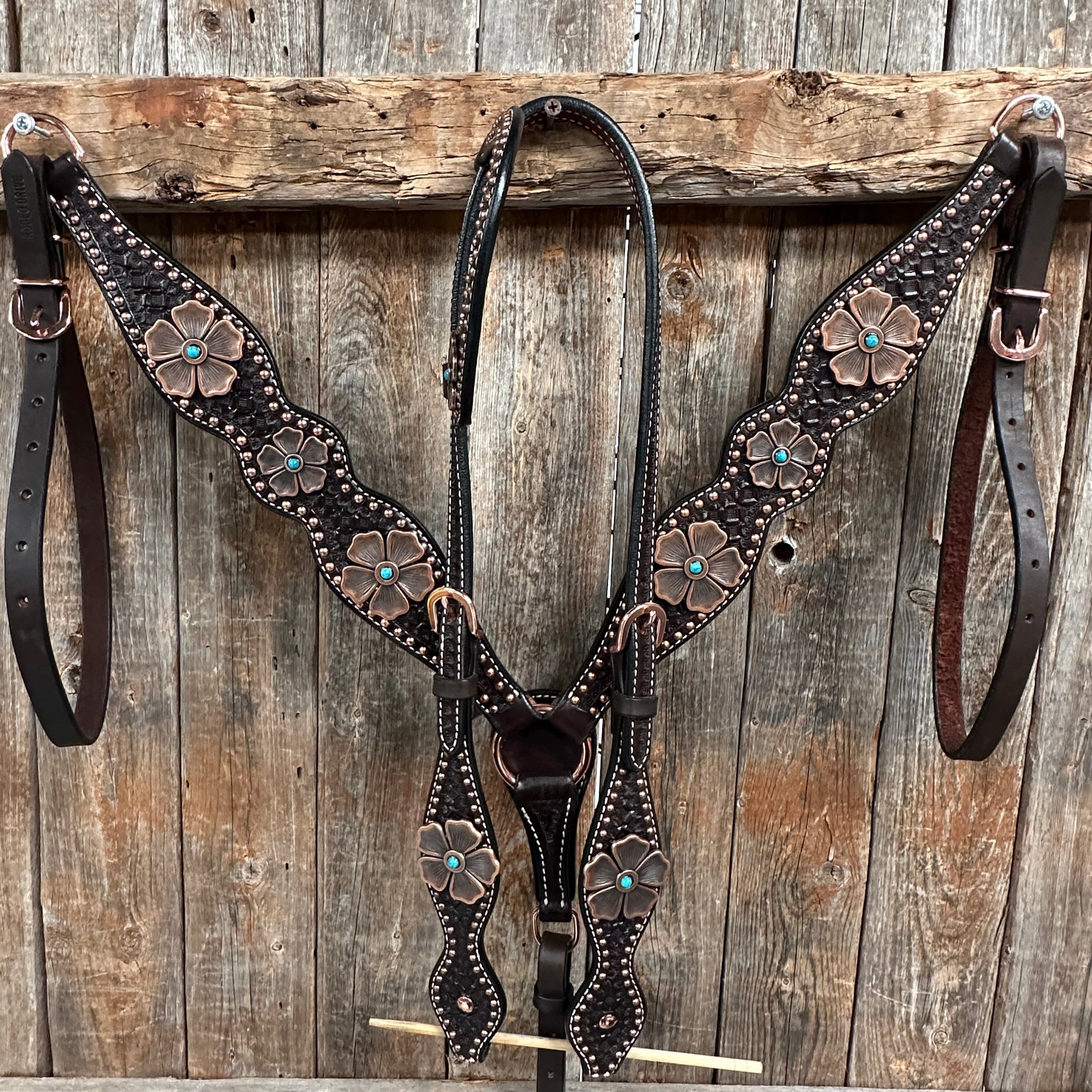 Copper Dot Honeycomb Flower and Turquoise Browband / One Ear Tack Set #BBBC563