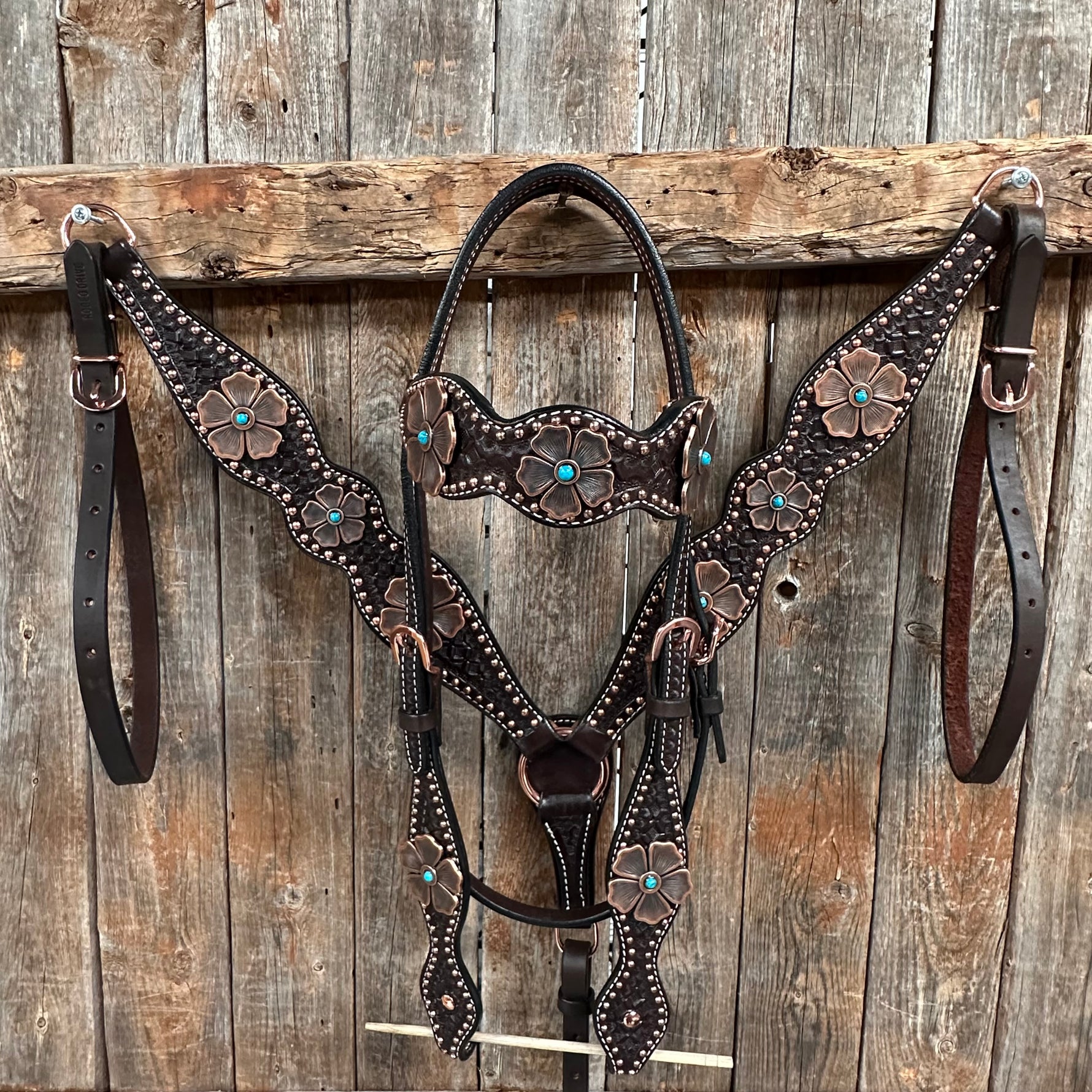 Copper Dot Honeycomb Flower and Turquoise Browband / One Ear Tack Set #BBBC563