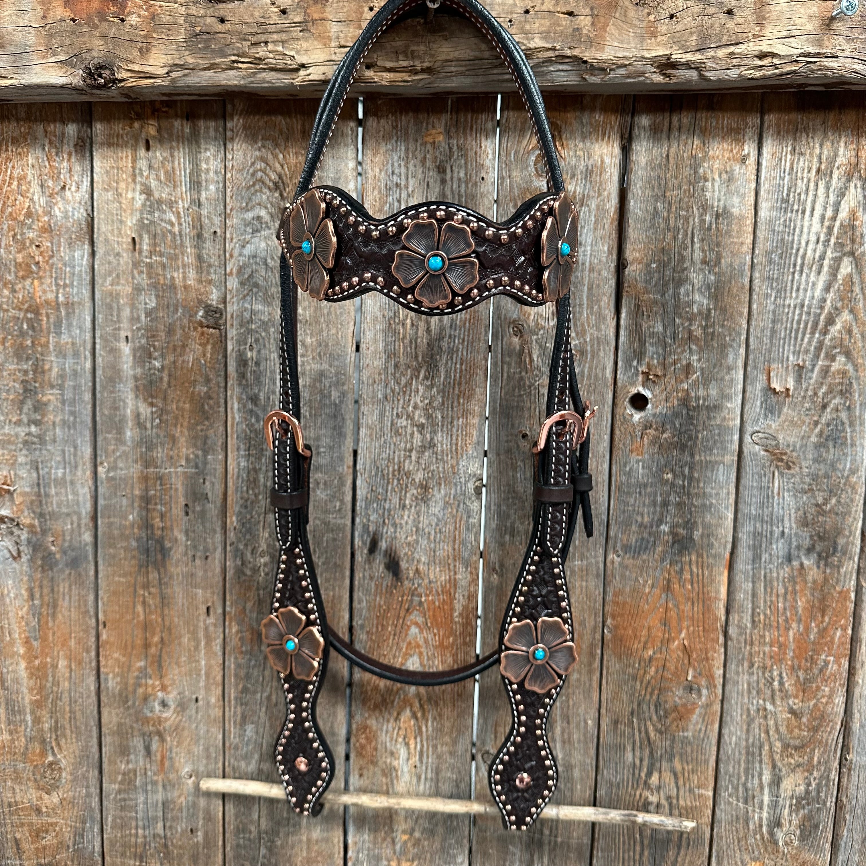 Copper Dot Honeycomb Flower and Turquoise Browband / One Ear Tack Set #BBBC563
