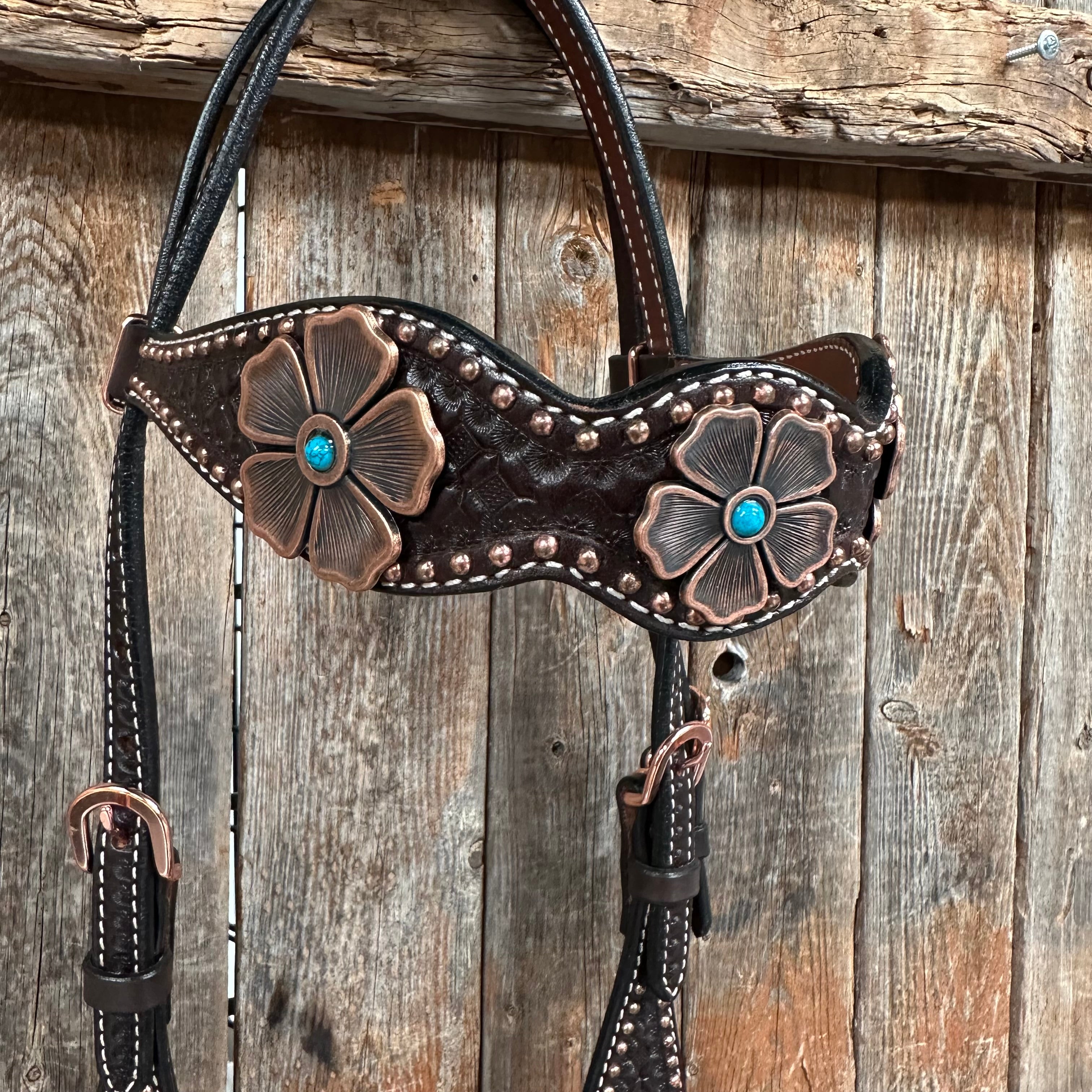 Copper Dot Honeycomb Flower and Turquoise Browband / One Ear Tack Set #BBBC563