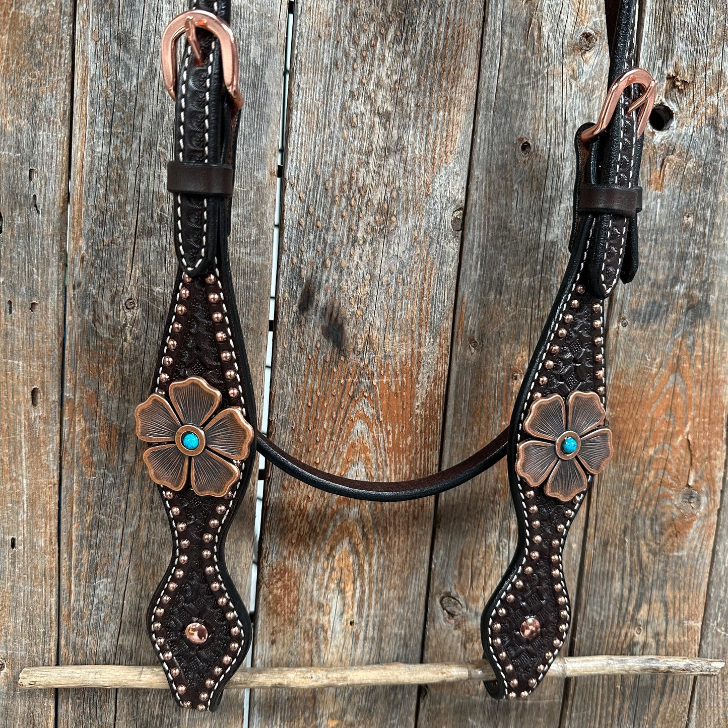 Copper Dot Honeycomb Flower and Turquoise Browband / One Ear Tack Set #BBBC563