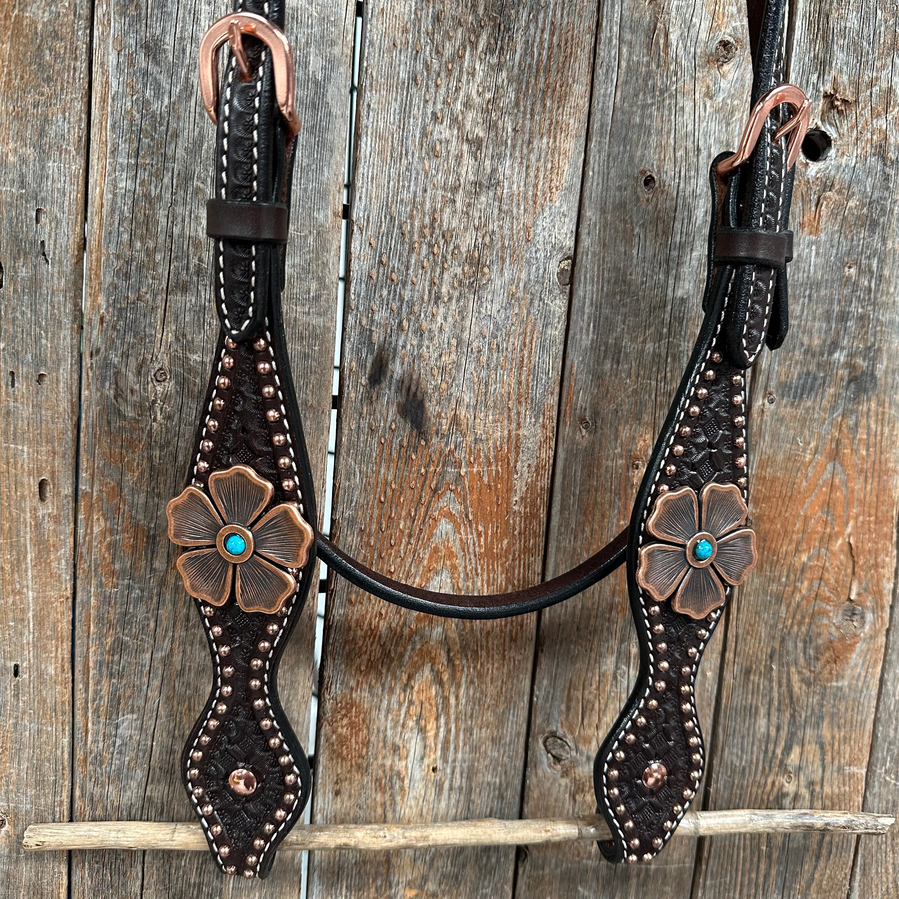 Copper Dot Honeycomb Flower and Turquoise Browband / One Ear Tack Set #BBBC563