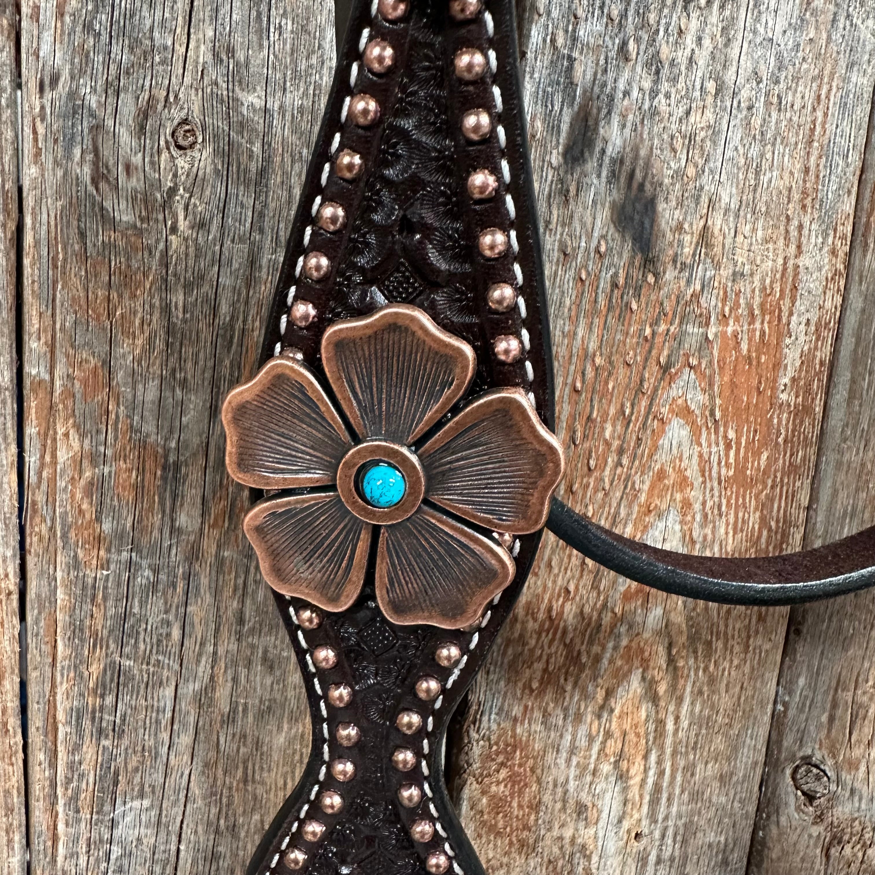 Copper Dot Honeycomb Flower and Turquoise Browband / One Ear Tack Set #BBBC563